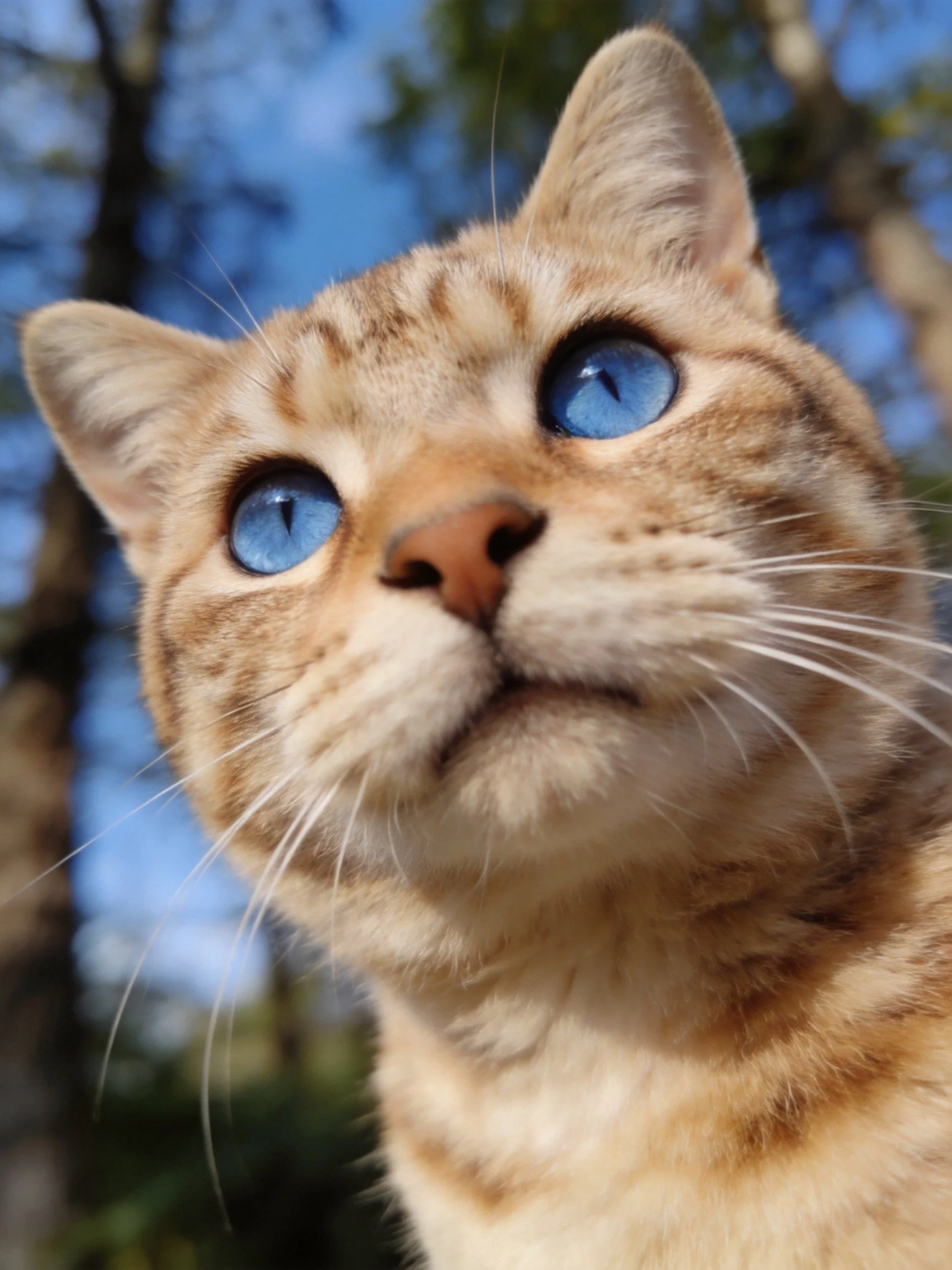 A close - up of a tabby cat with vivid blue eyes amidst trees and sky