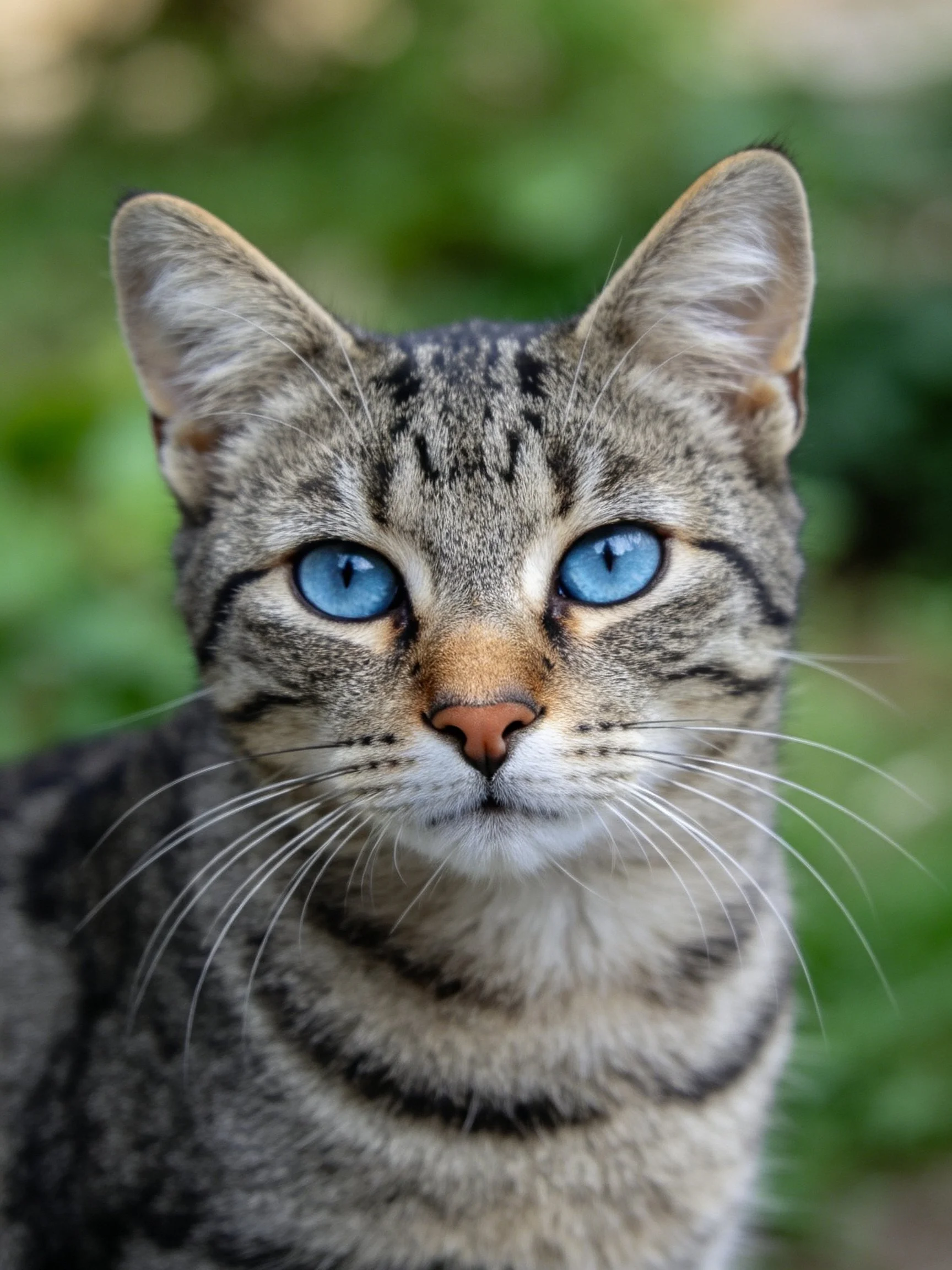 A close - up of a tabby cat with vivid blue eyes