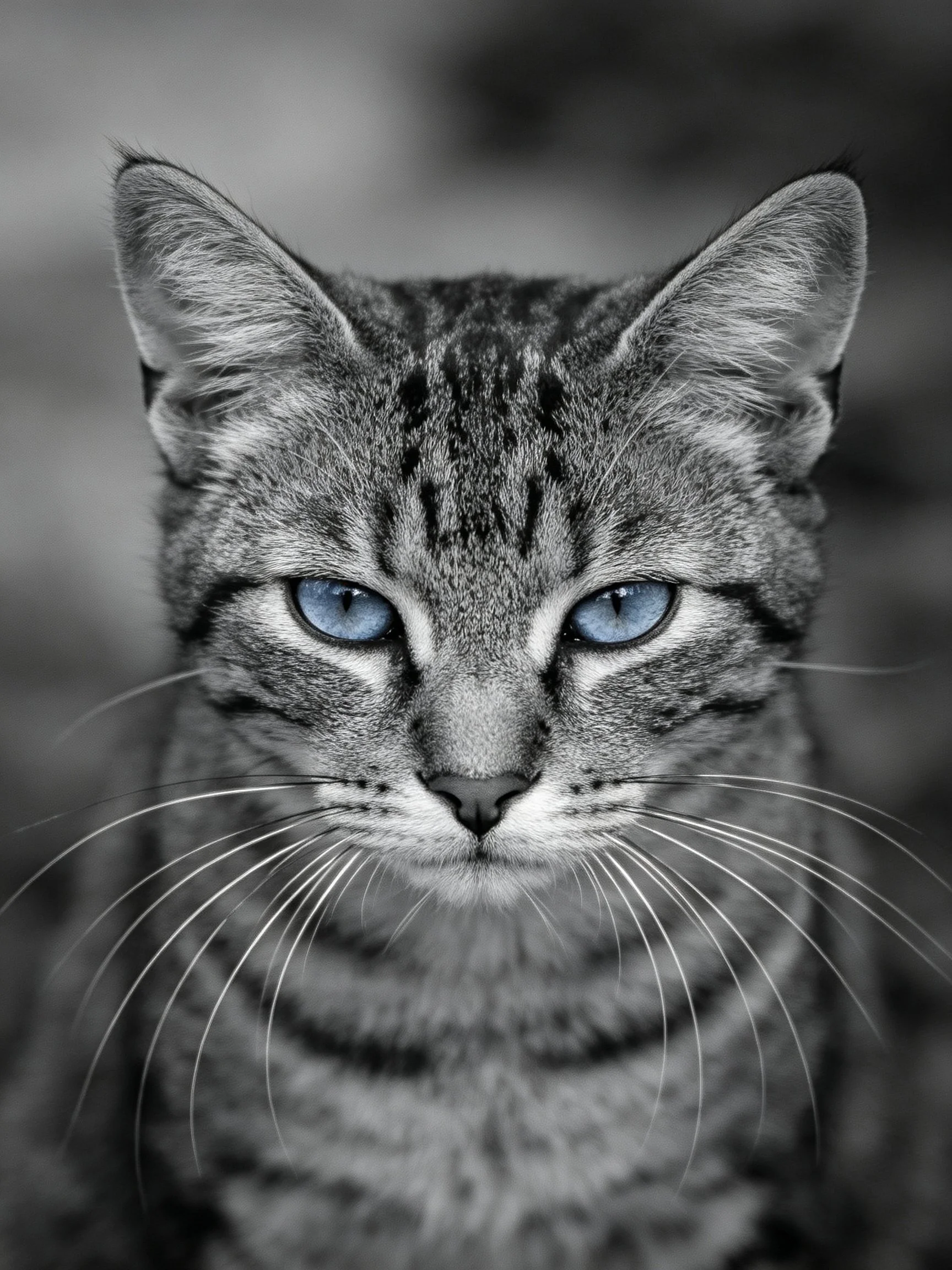 A tabby cat with blue eyes is featured in a close - up monochrome photograph.
