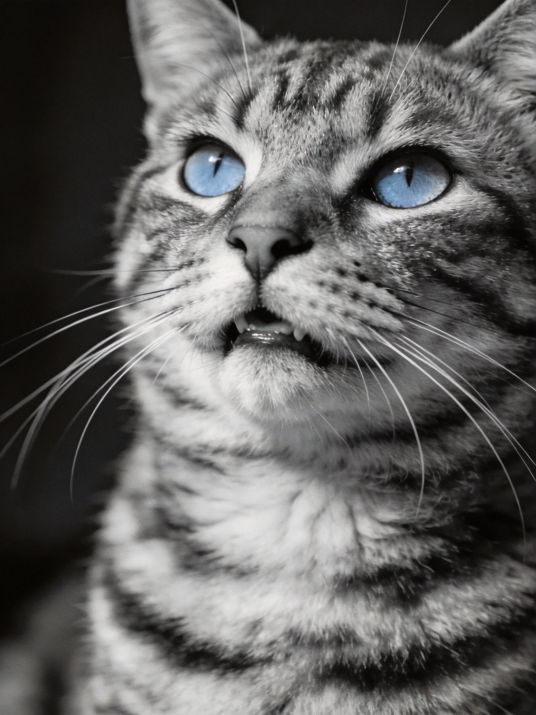 A close-up of a tabby cat with bright blue eyes gazes upward.
