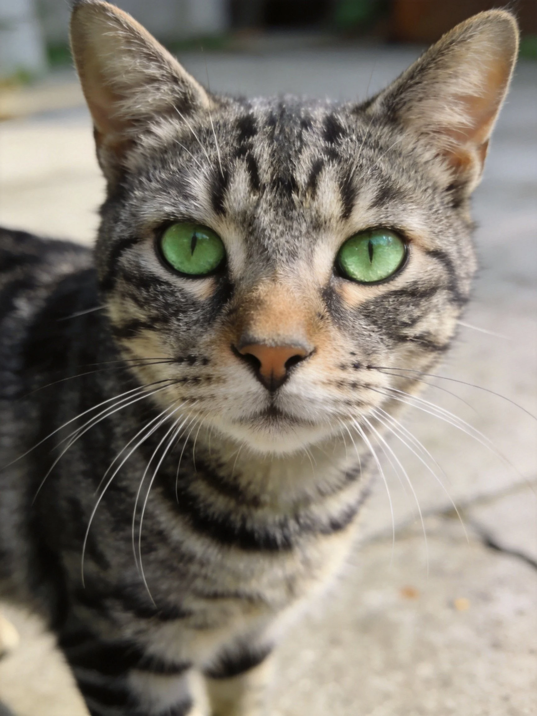 A tabby cat with vivid green eyes is captured in a close-up photograph.