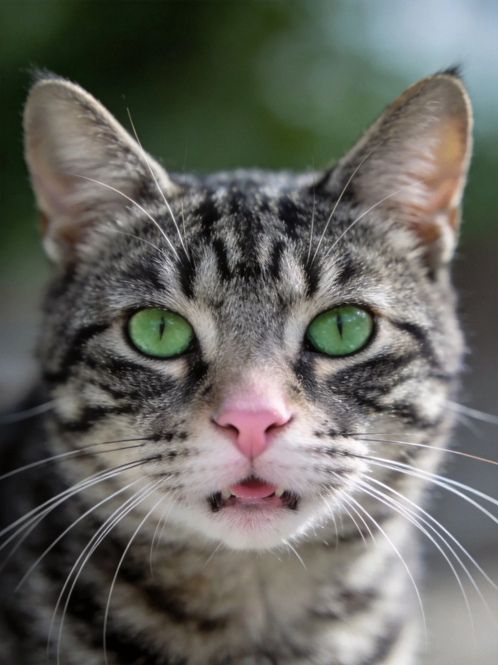 A close - upof a tabby cat with vivid green eyes.