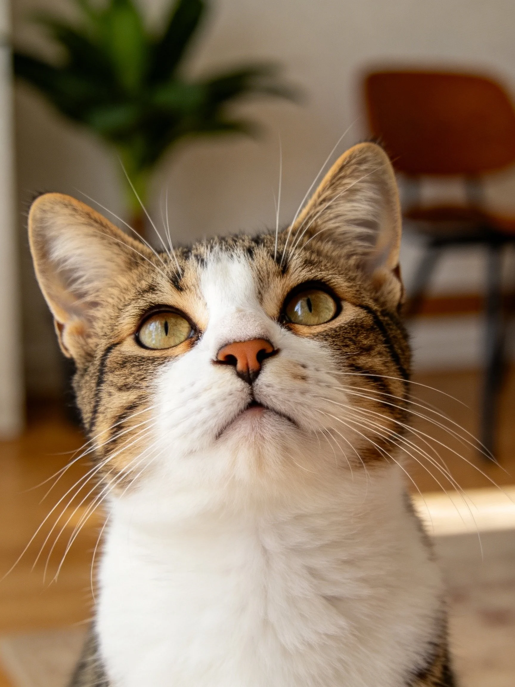 A domestic cat with mixed fur colors gazes upward in an indoor setting.