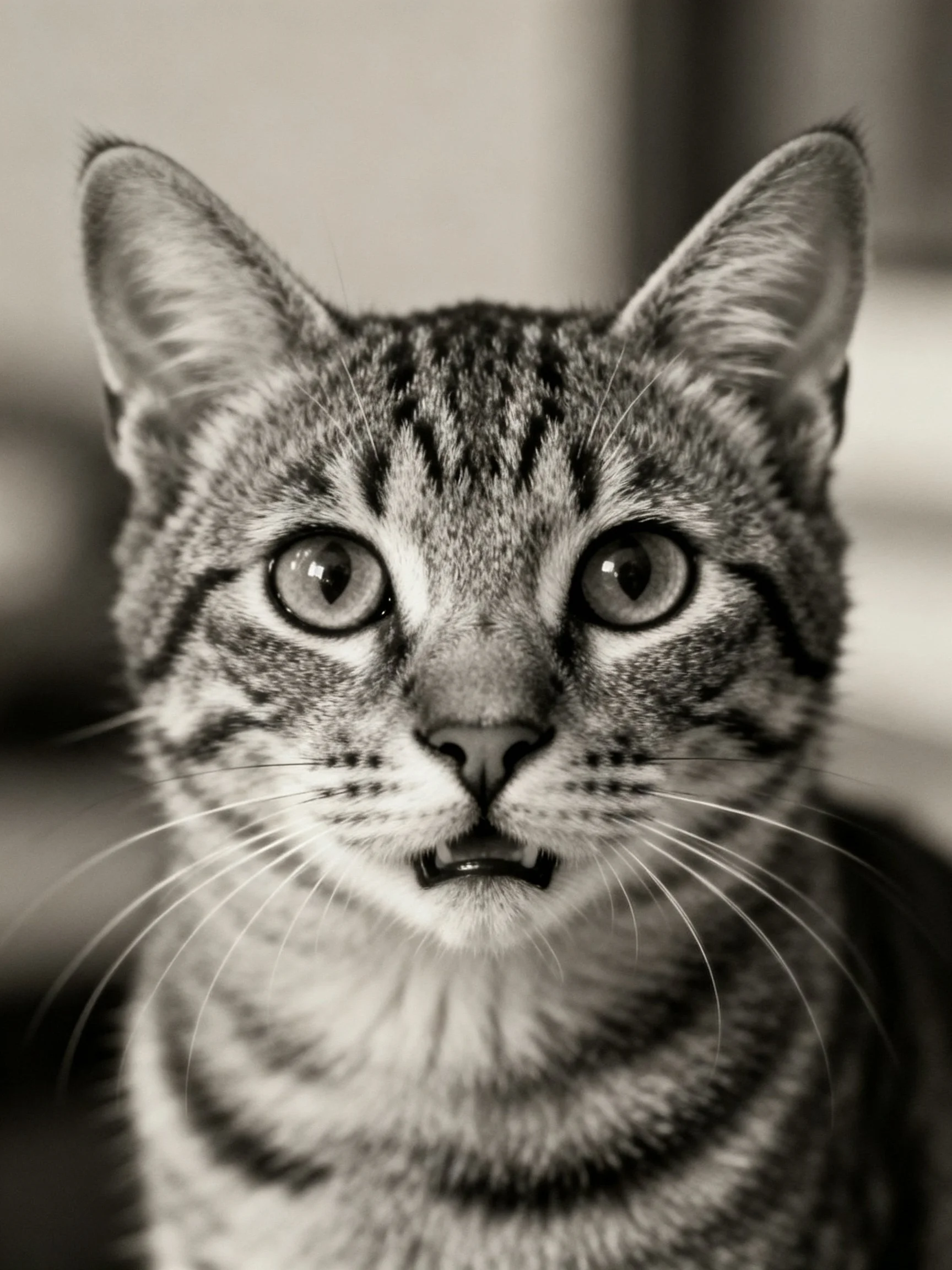 A close-up of a tabby cat with wide, expressive eyes