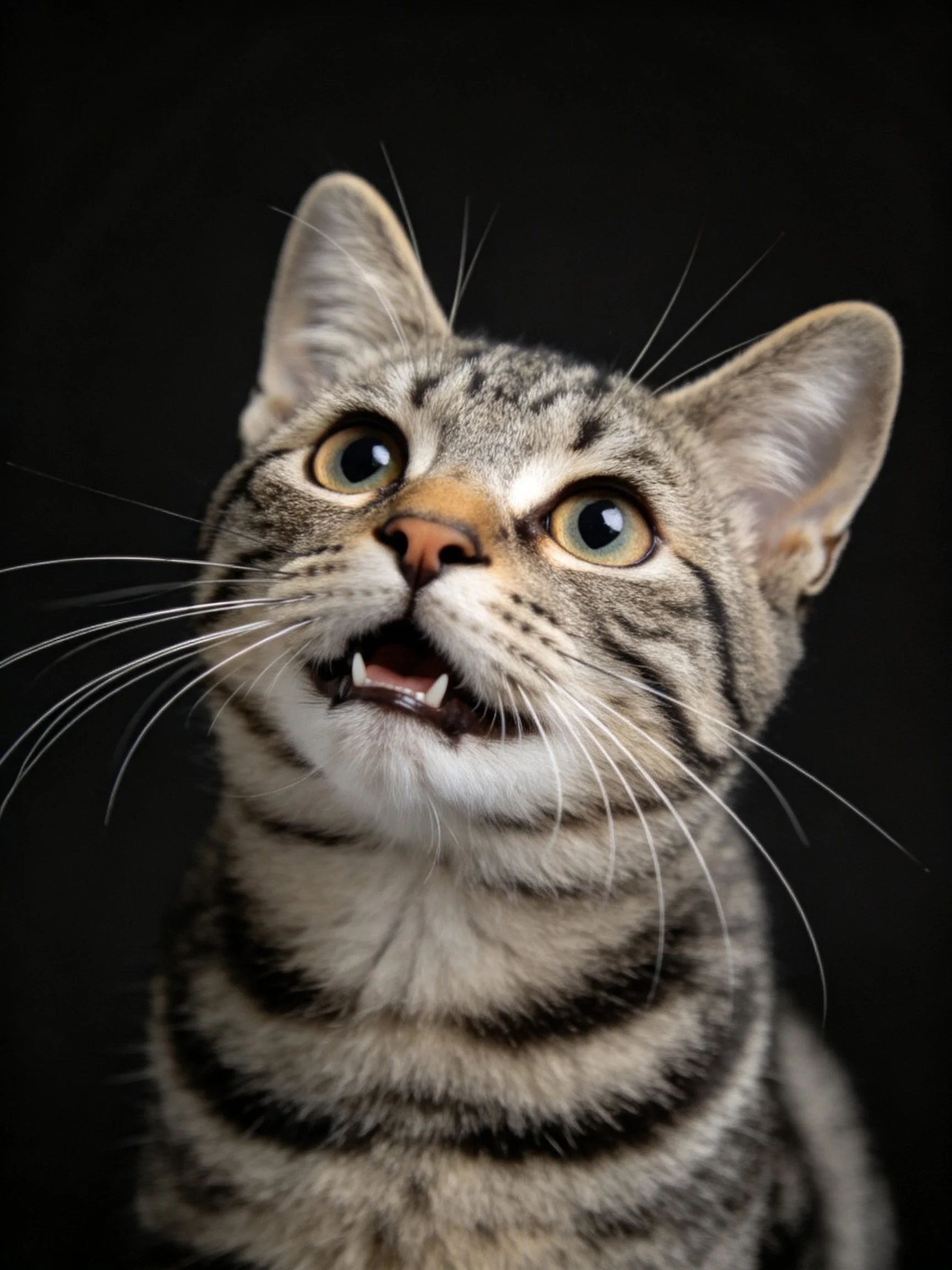 A tabby cat looks upward with wide eyes against a dark background.