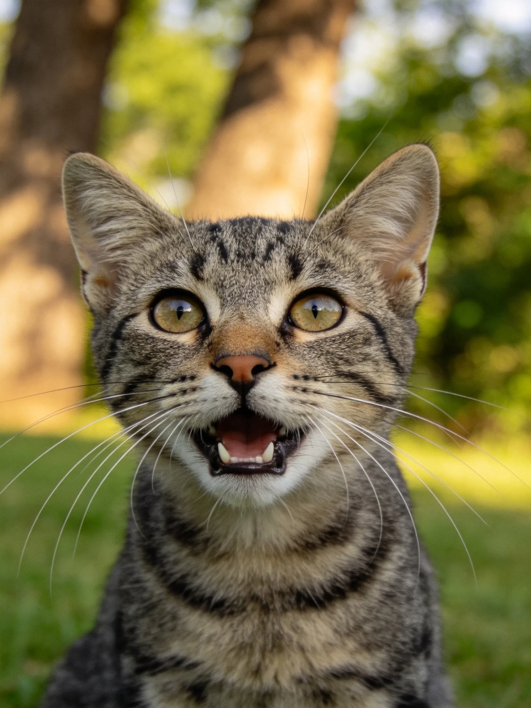 A tabby cat with wide eyes is photographed outdoors.