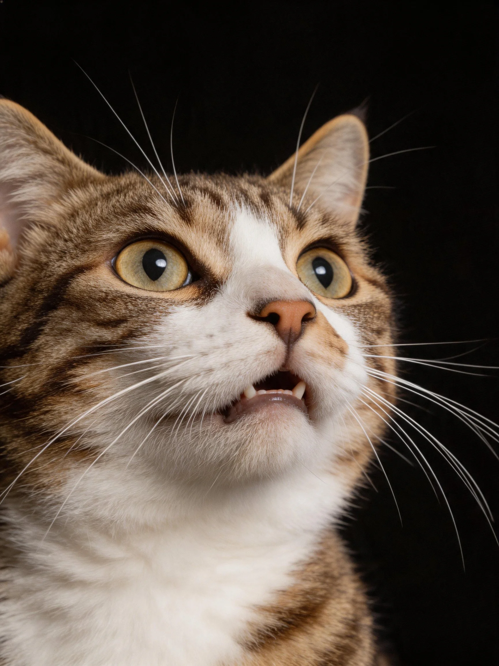 A close-up of a tabby cat with wide green eyes and pink nose
