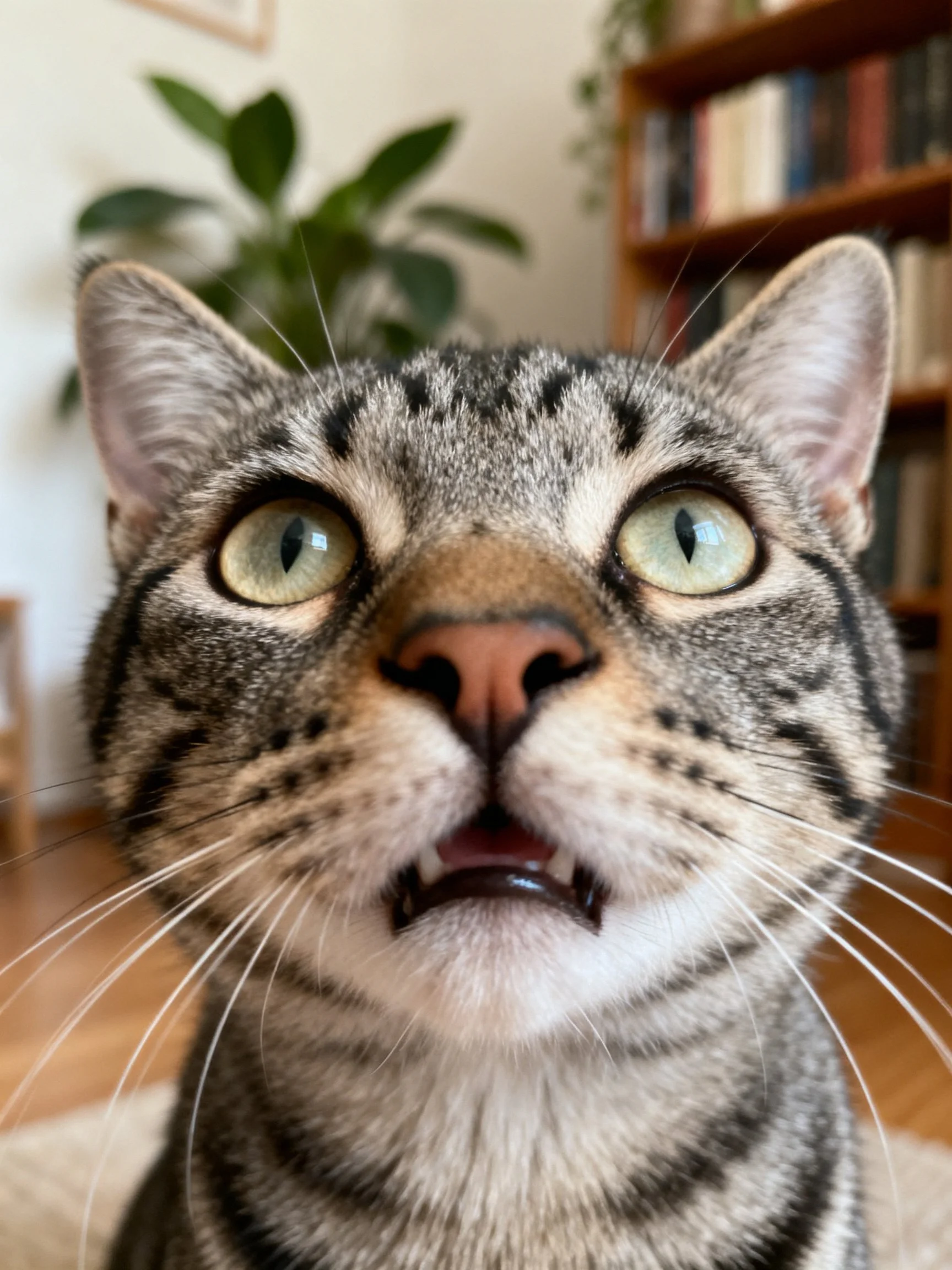 A tabby cat with wide green eyes is photographed closely inside.