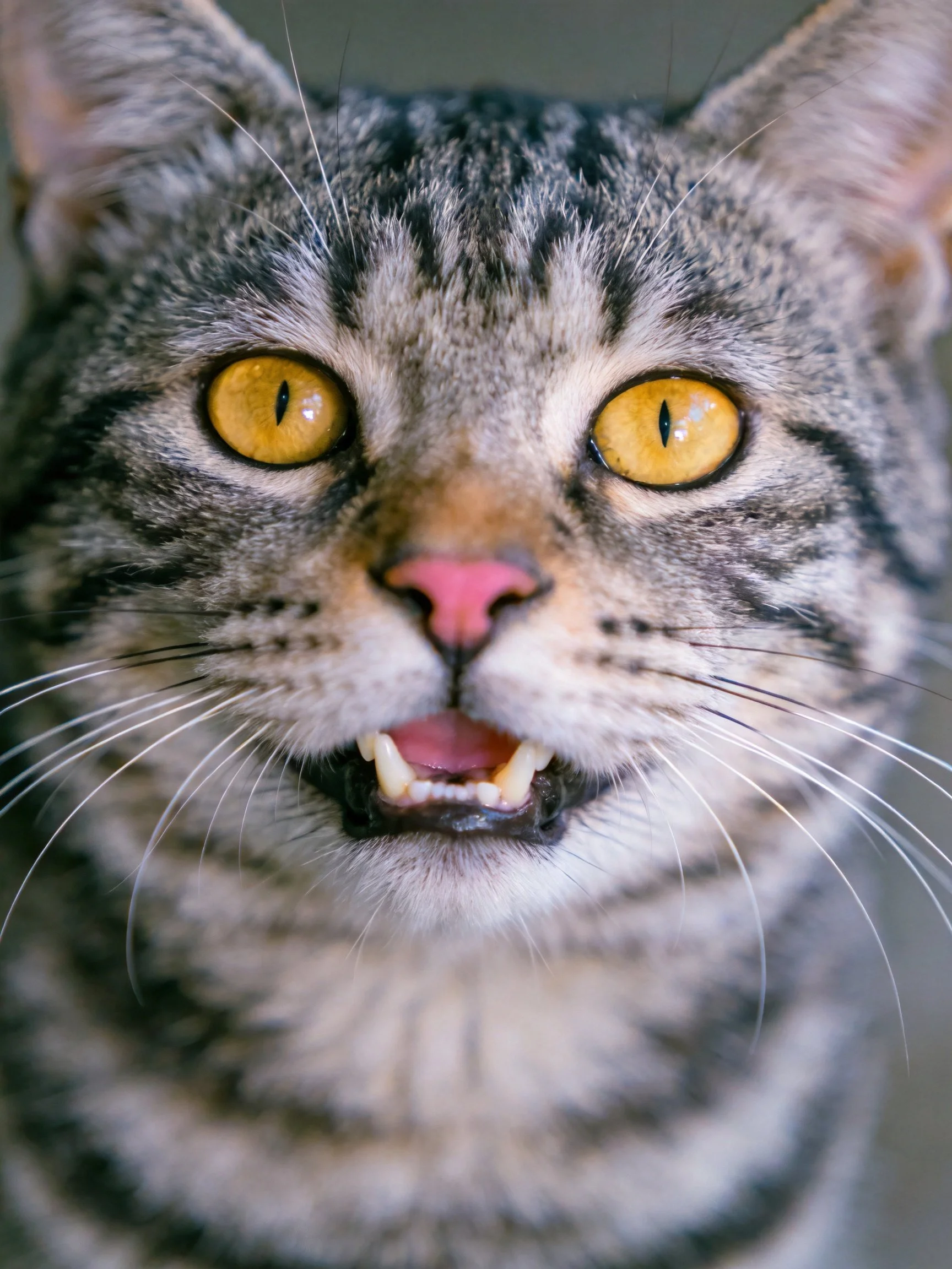 A close-up shows a tabby cat with yellow eyes displaying its teeth.