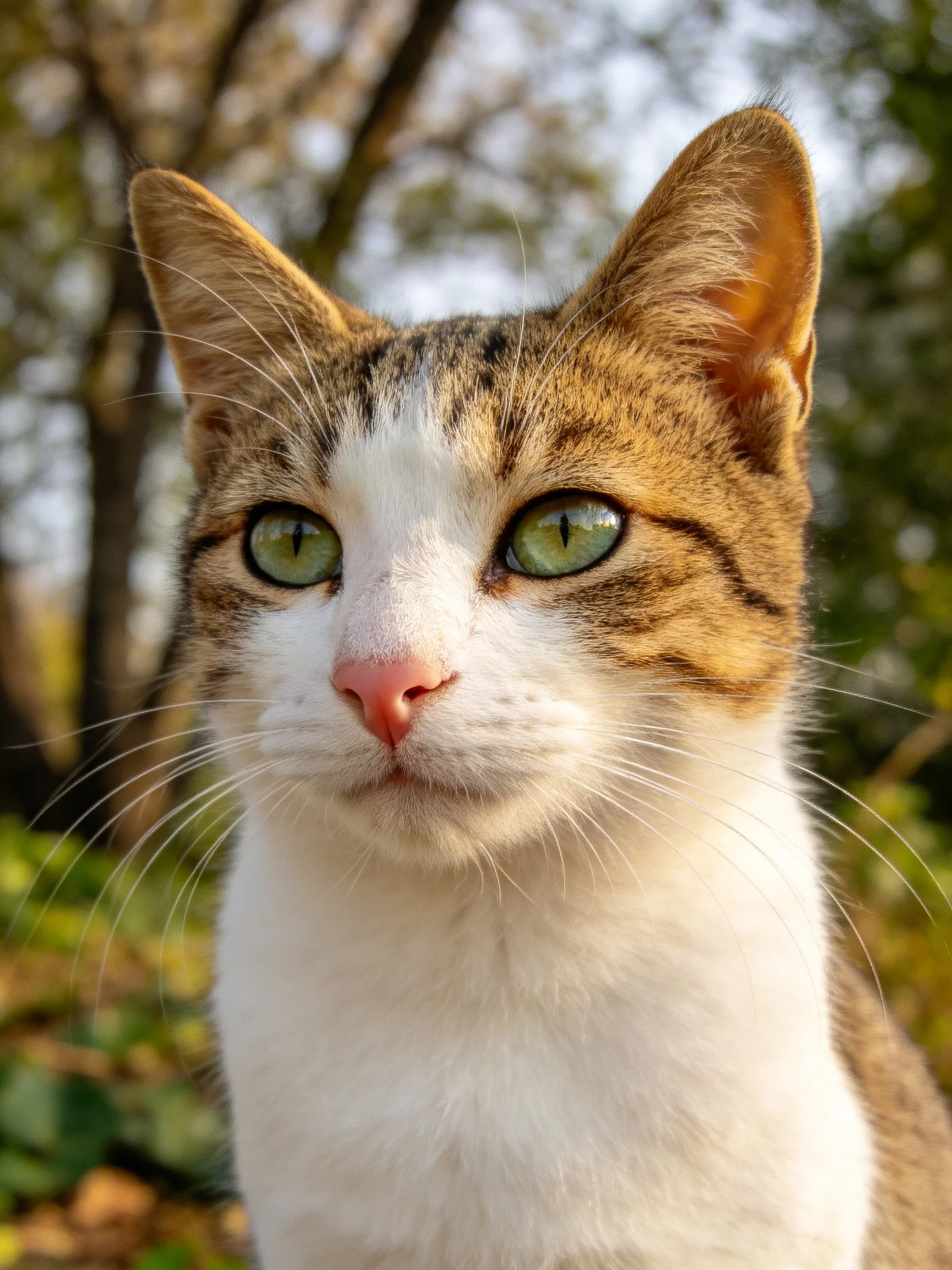A close - up of a tabby - white cat with green eyes photographed outdoors.