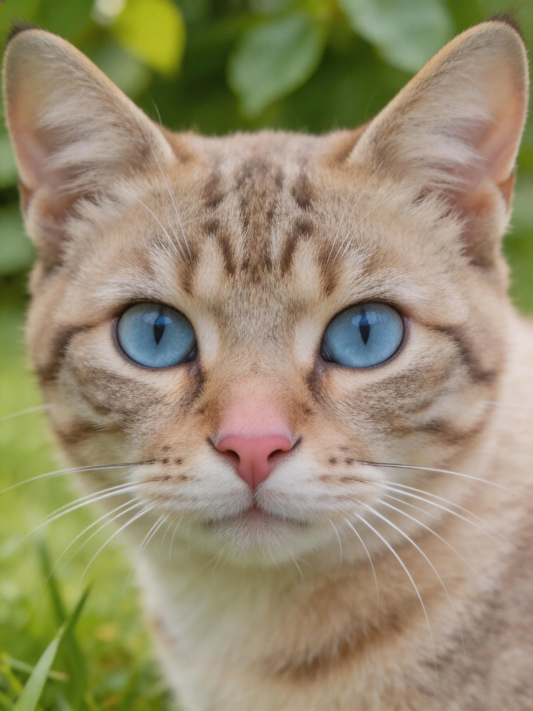 A close - up of a tan tabby cat with bright blue eyes