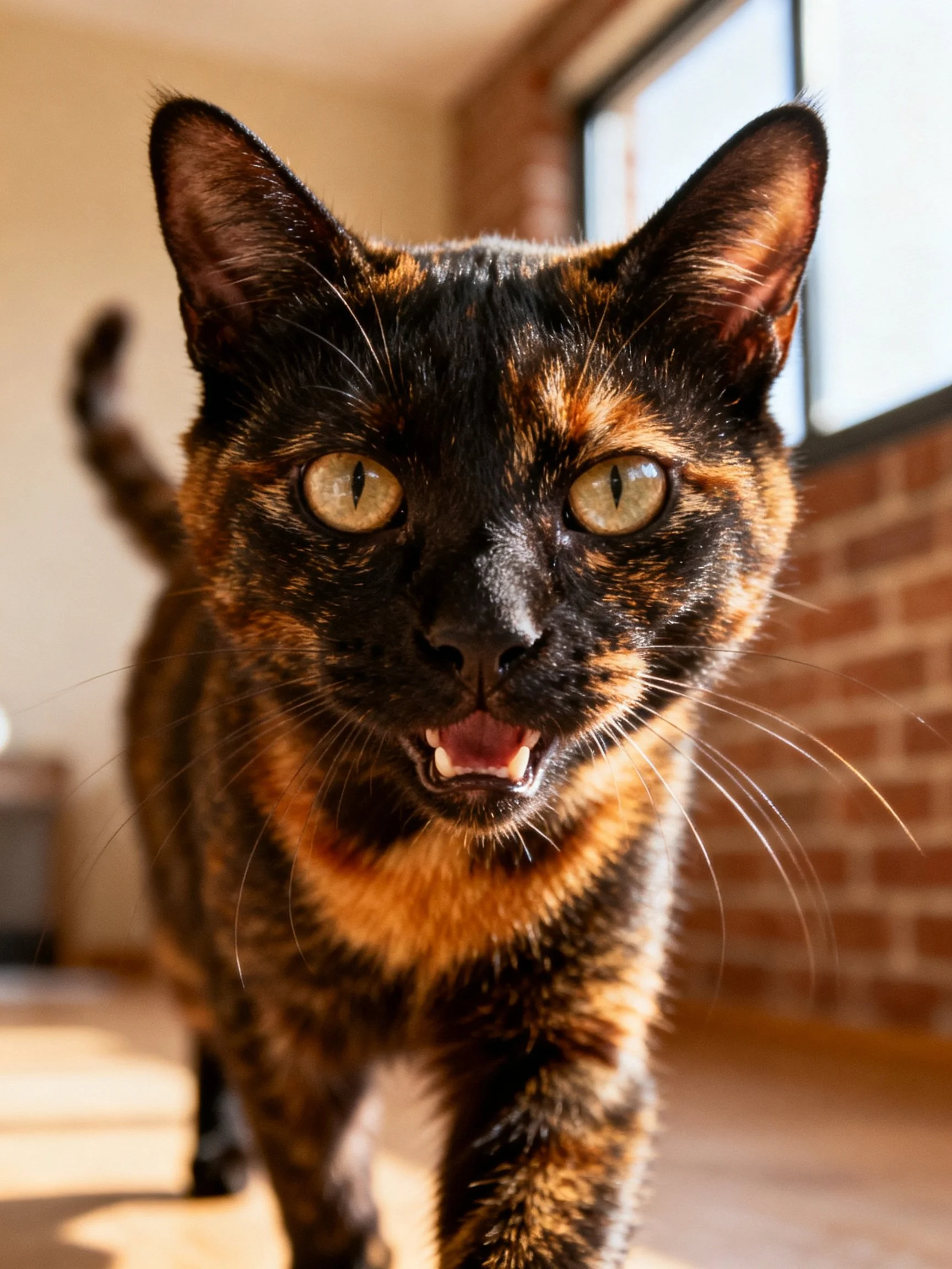 A tortoiseshell cat with black and orange fur is featured in a close - up photograph.