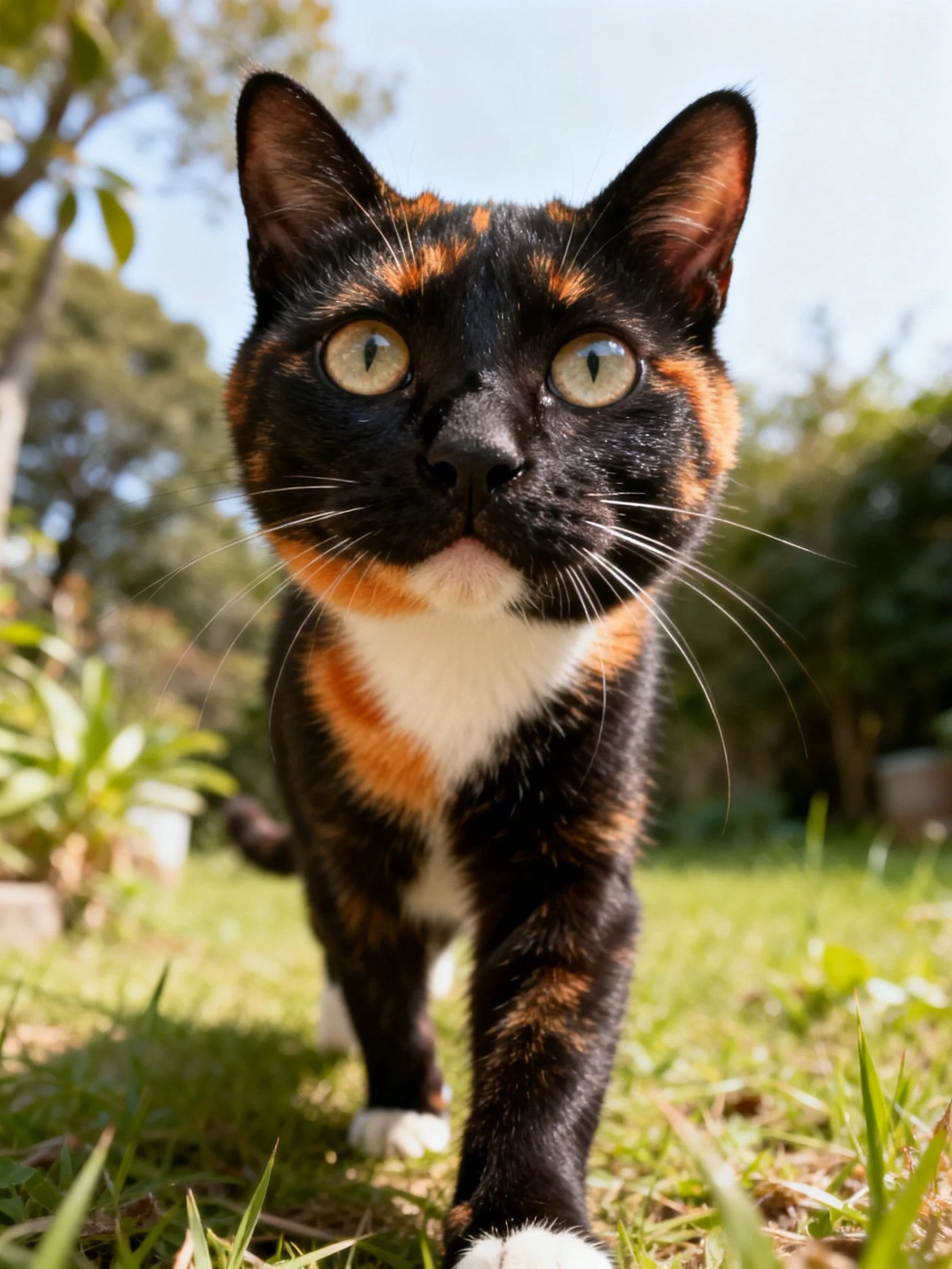 A close-up of a tri-colored calico cat walking on grass