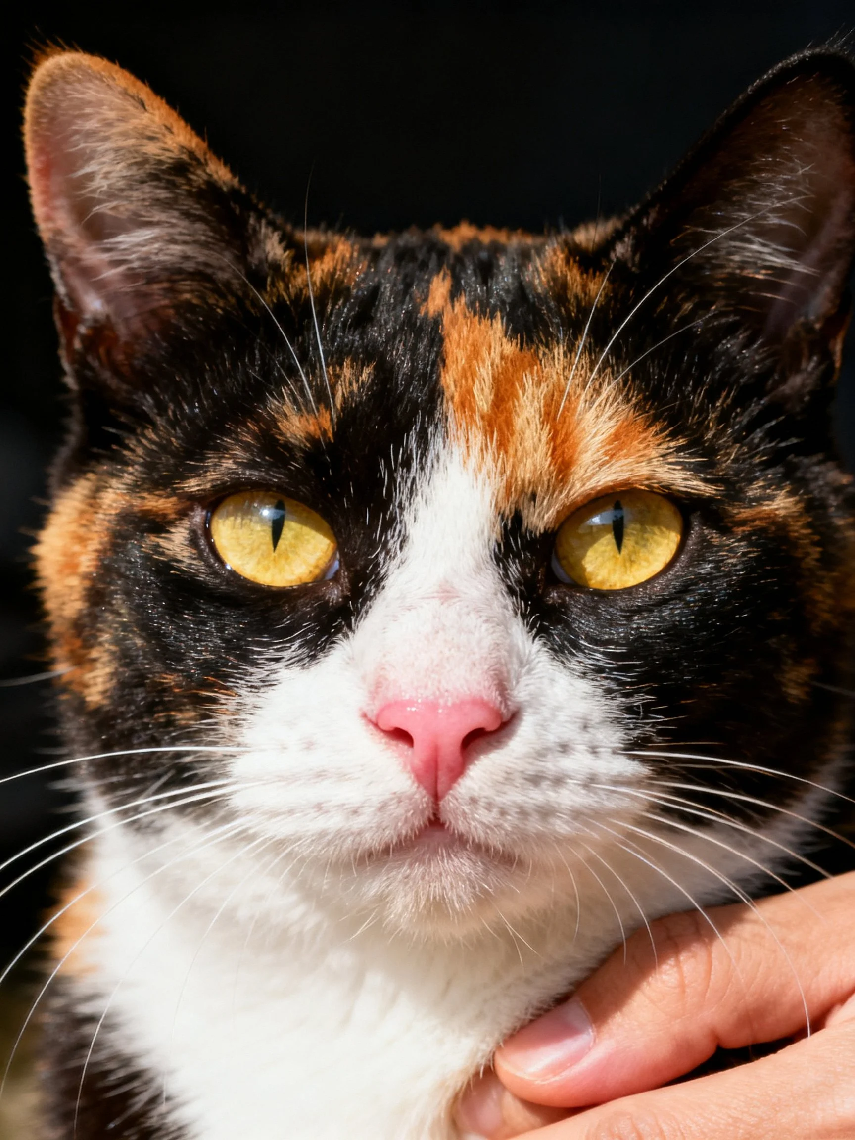A tricolor calico cat with bright yellow eyes is gently held, showcasing its unique fur patterns.