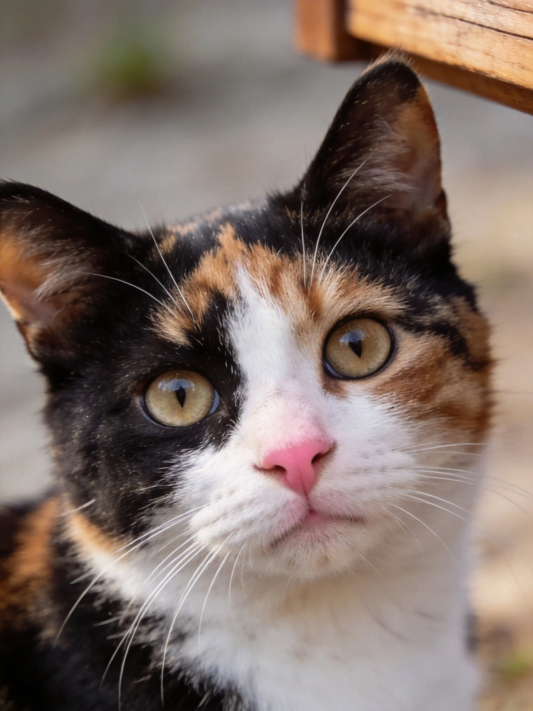 A tricolor calico cat gazes directly at the camera with striking amber eyes.