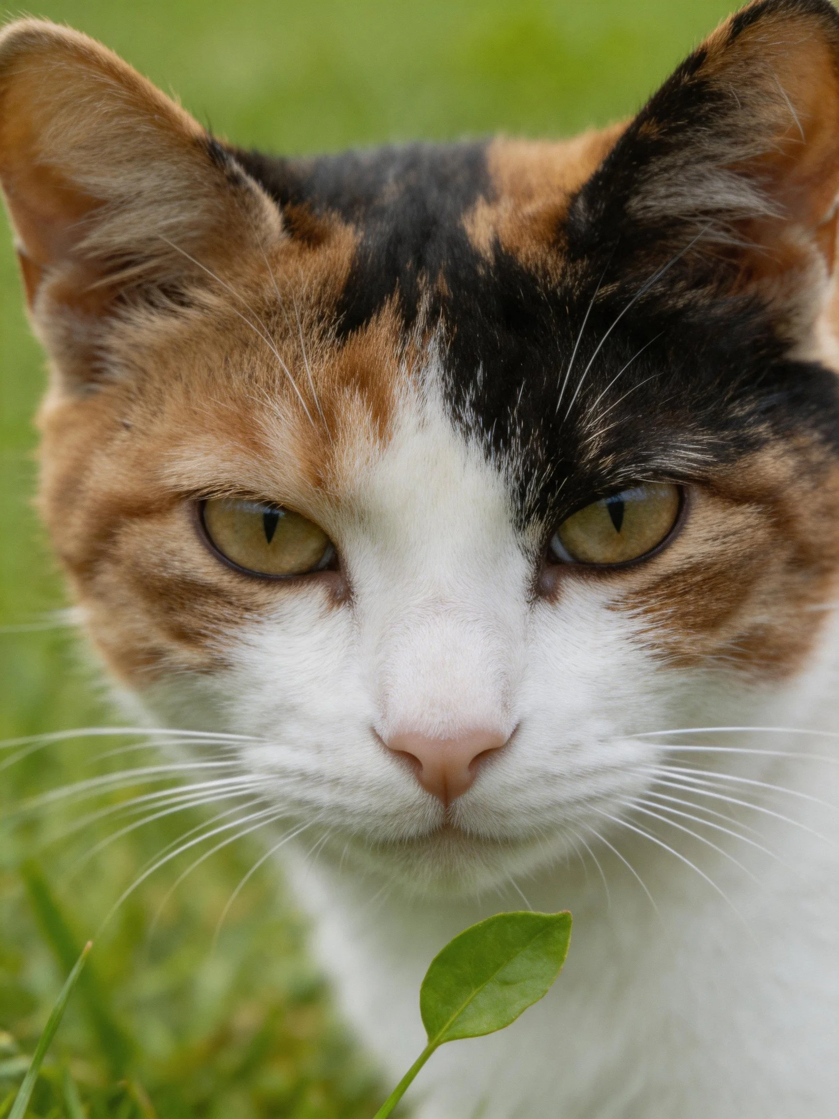 A tricolor cat with green eyes is near grass in a natural environment.