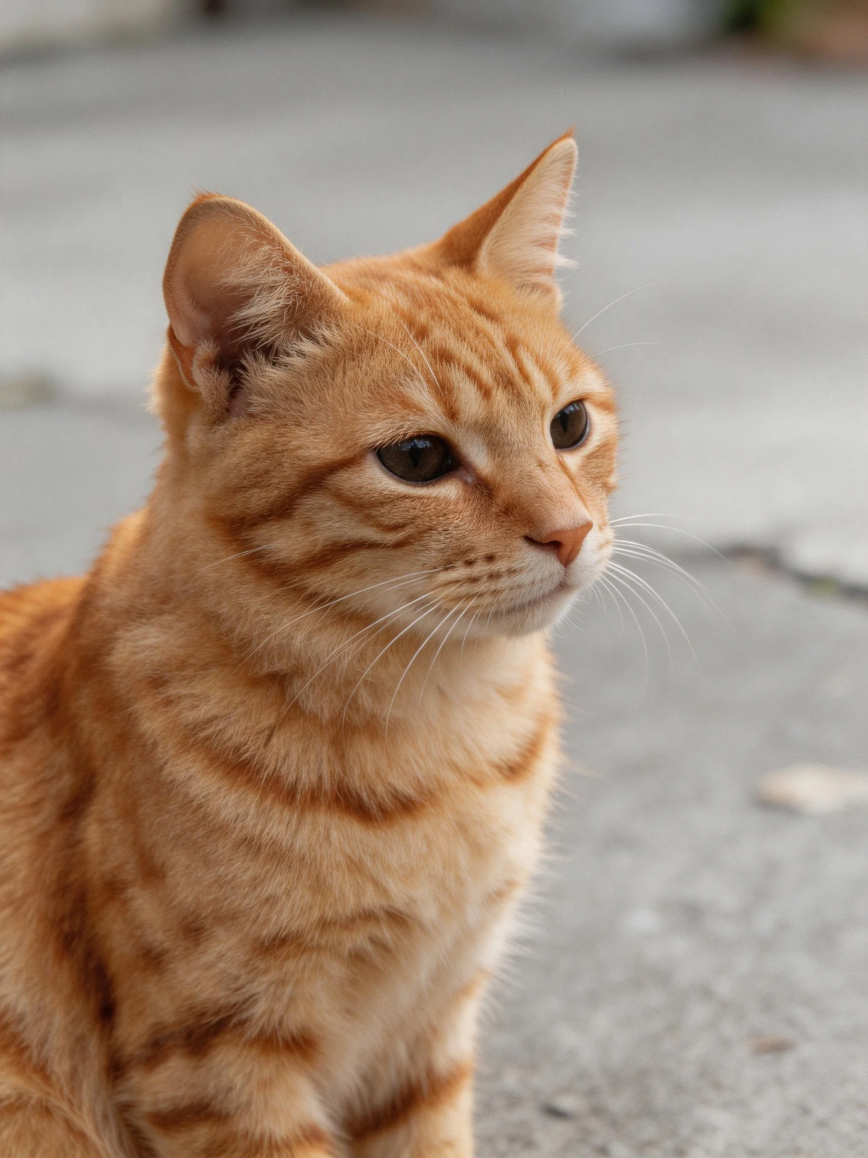 An orange tabby cat gazes attentively in an outdoor setting.