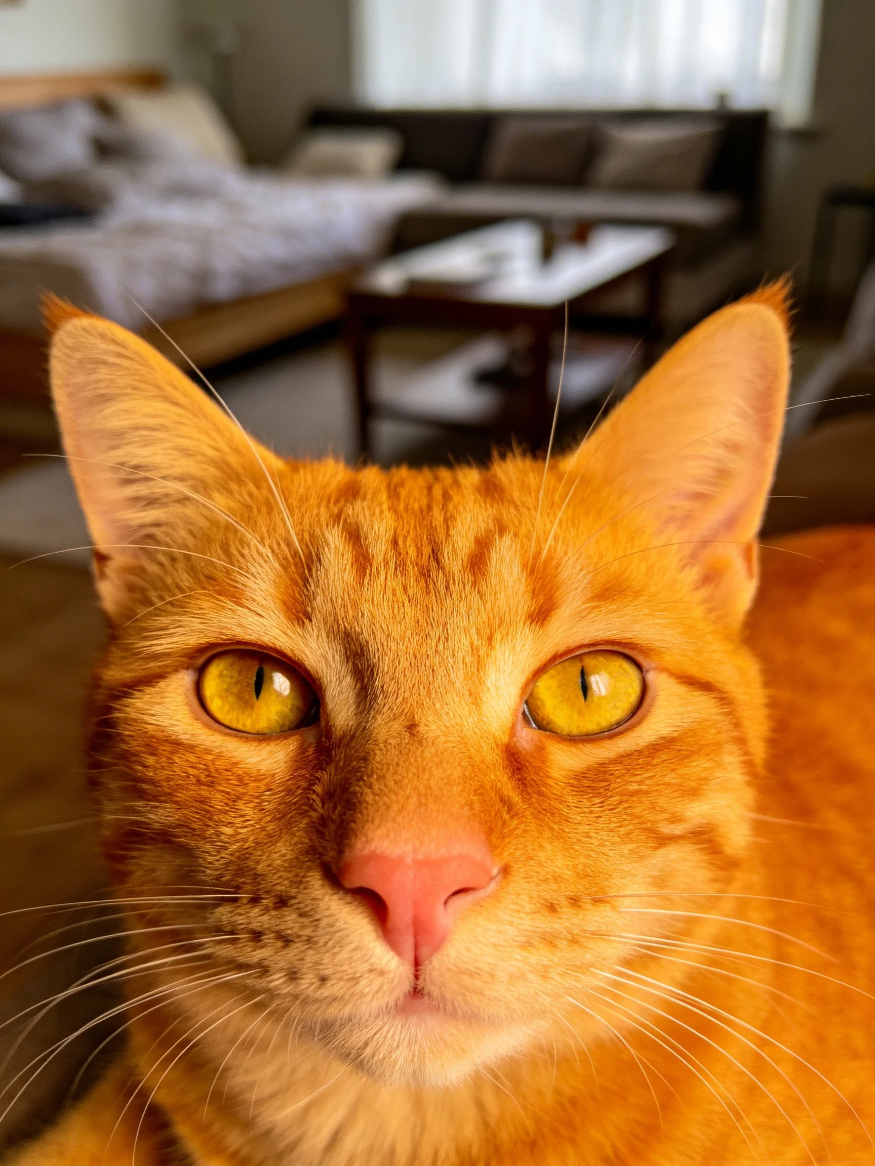 A close - up of a vibrant orange tabby cat with bright yellow eyes in a home setting.