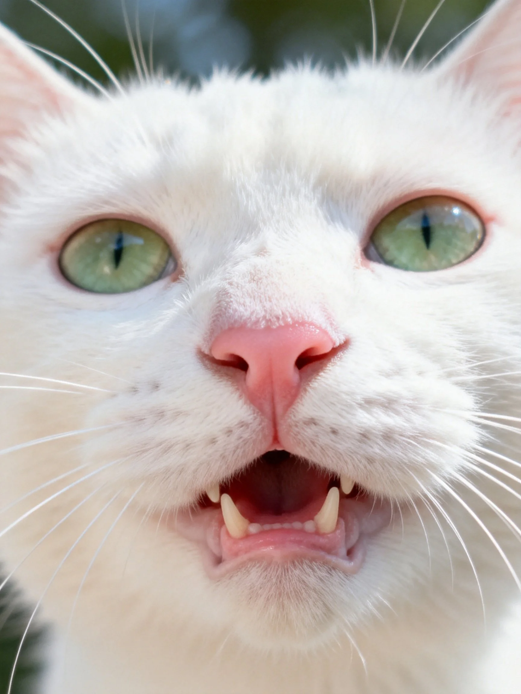 A close - up of a white cat with green eyes showing its teeth.
