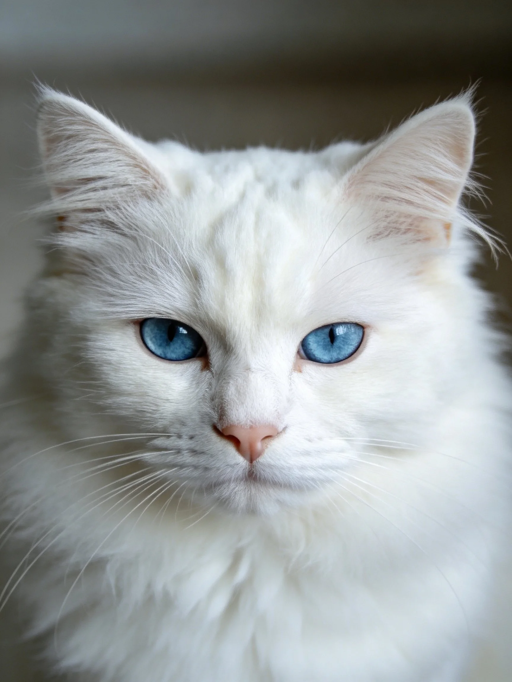 A white fluffy cat with bright blue eyes is photographed up close.
