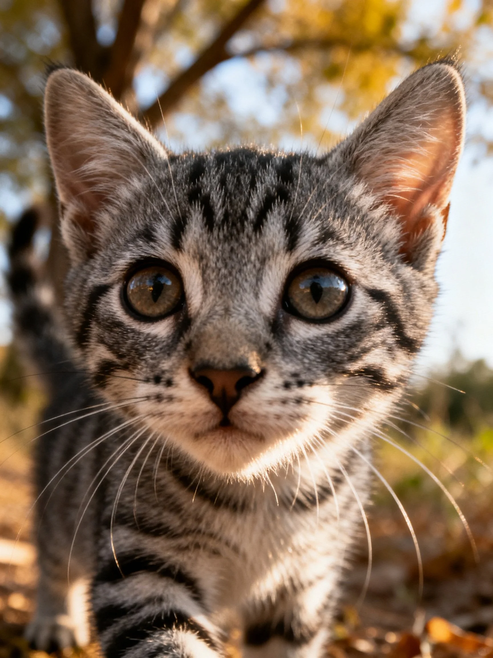 A young tabby kitten with striped fur is photographed outdoors, showcasing its expressive gaze.