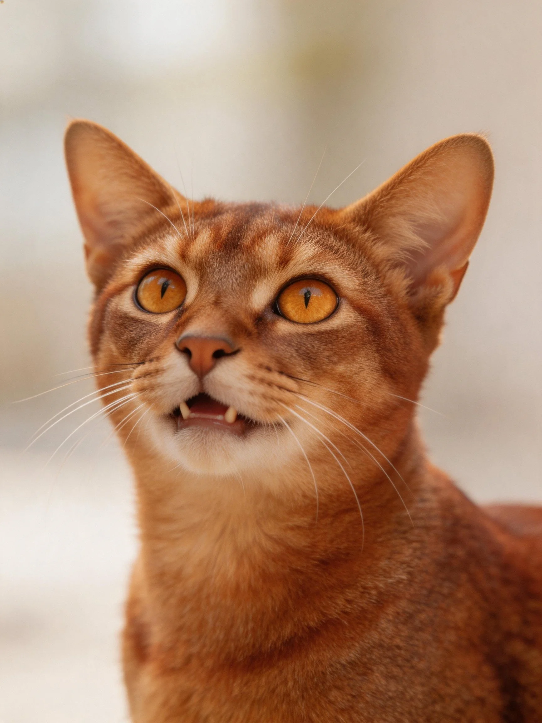 A close - up of an alert orange Abyssinian cat with amber eyes