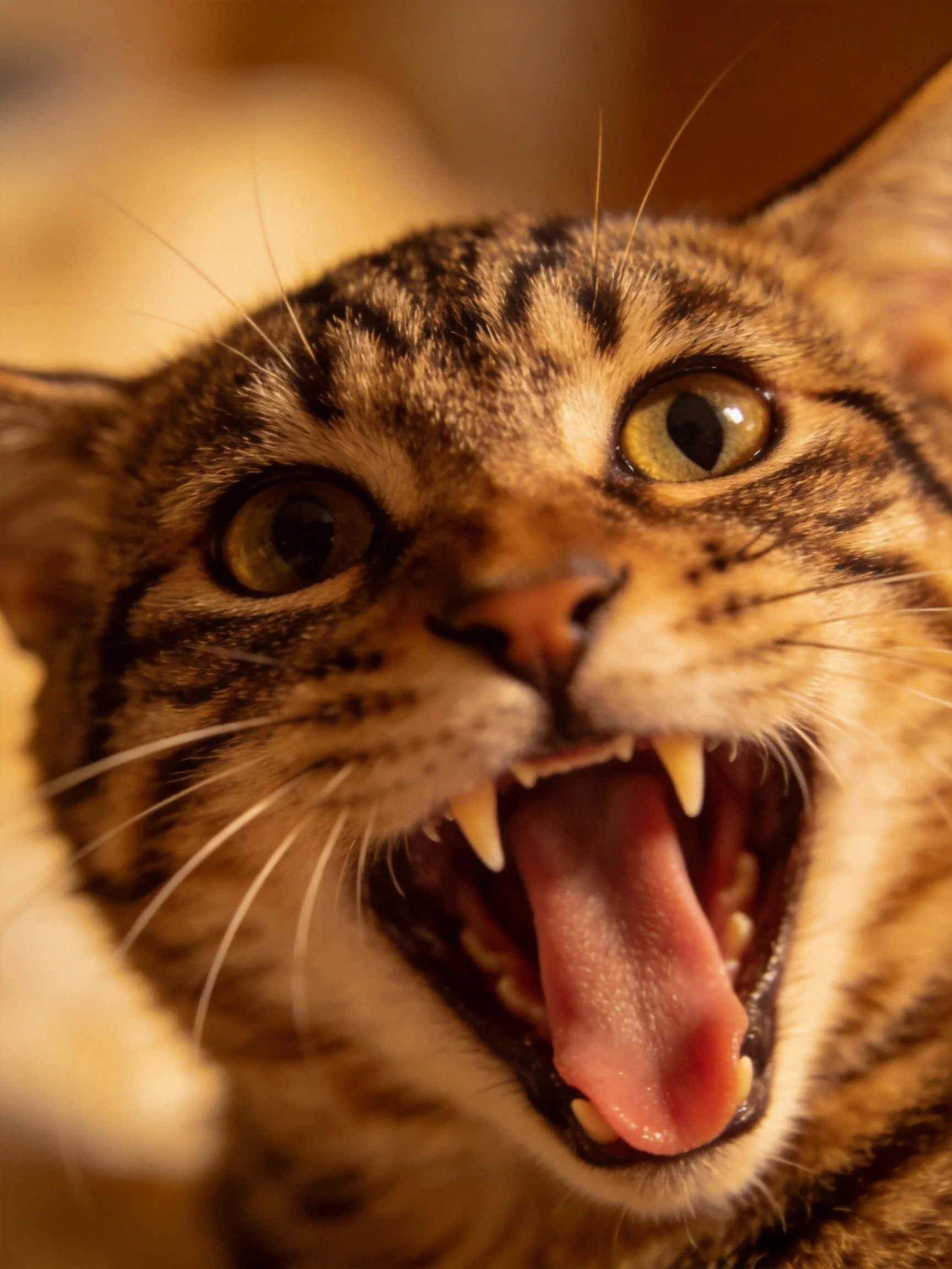 A close - up of an angry tabby cat with bared teeth