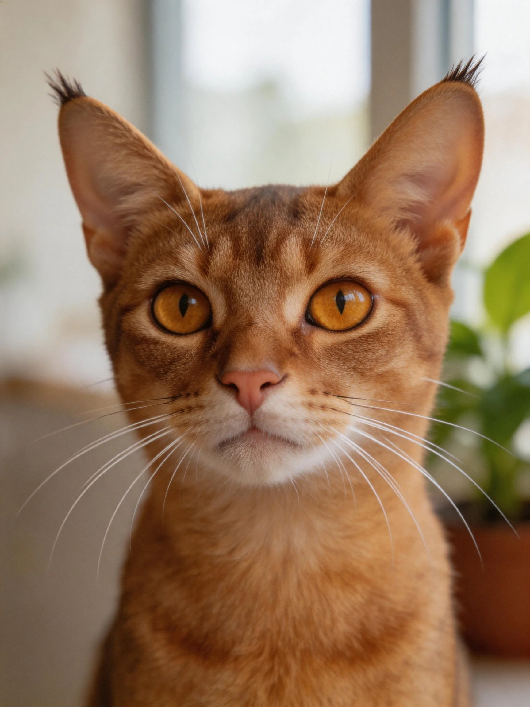 A close - up of an orange Abyssinian cat with amber eyes