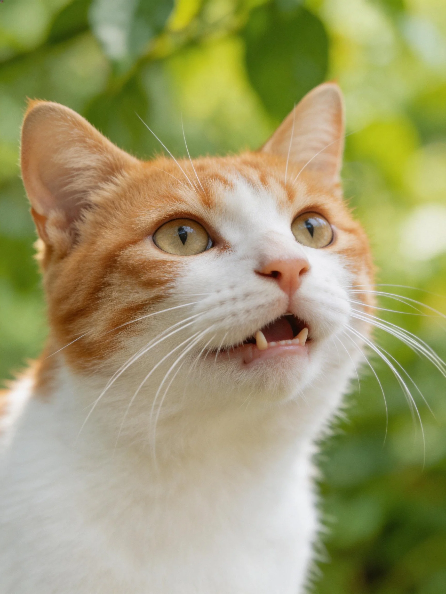 A close - up of an orange and white cat outdoors among green foliage