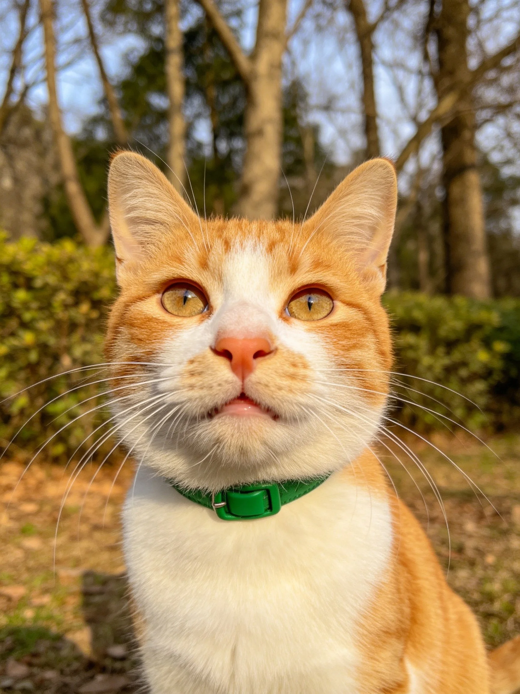 A close - up of an orange and white cat with a green collar in a wooded outdoor setting
