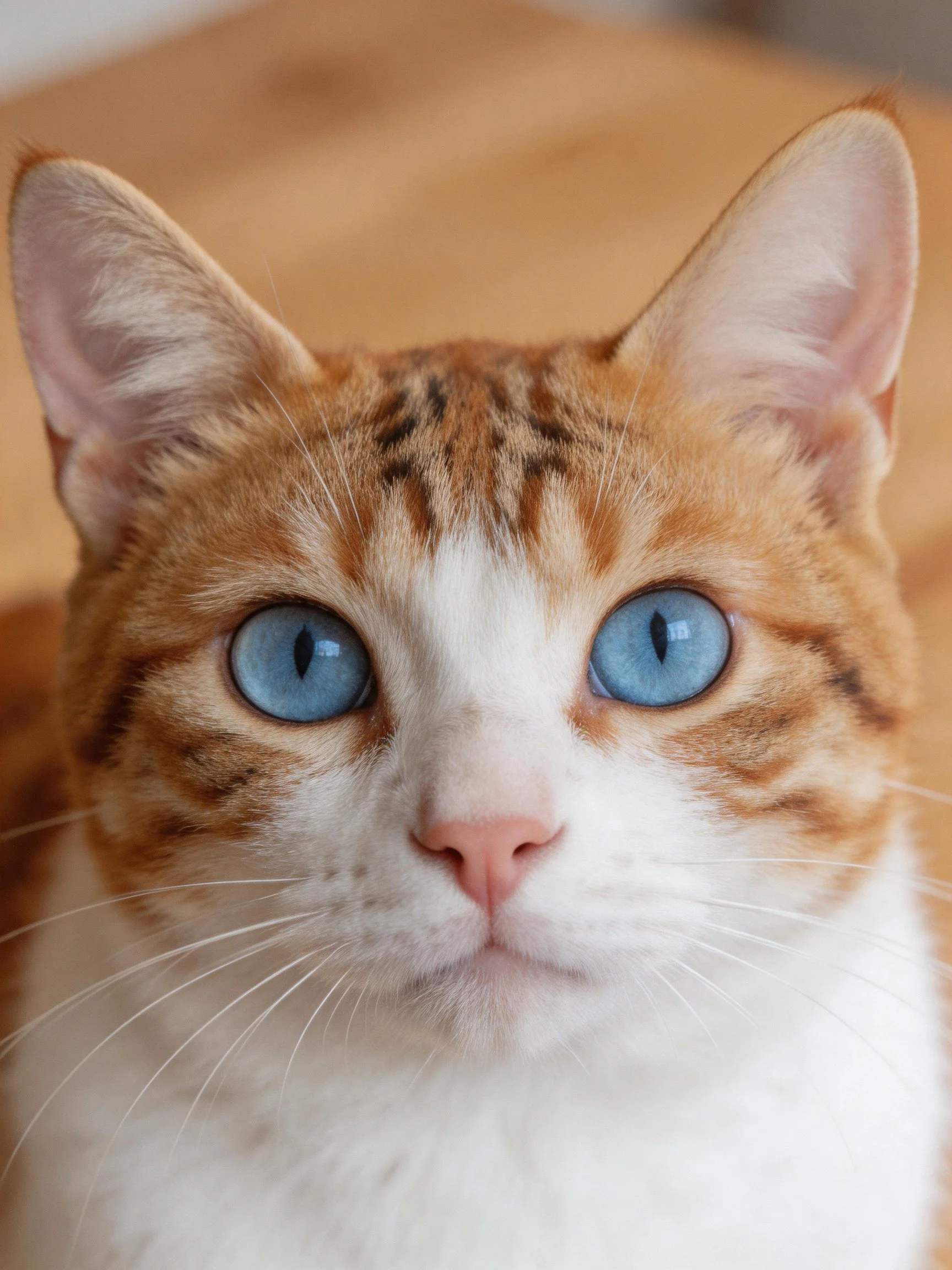 A cat with orange and white fur and blue eyes is shown in a close - up.