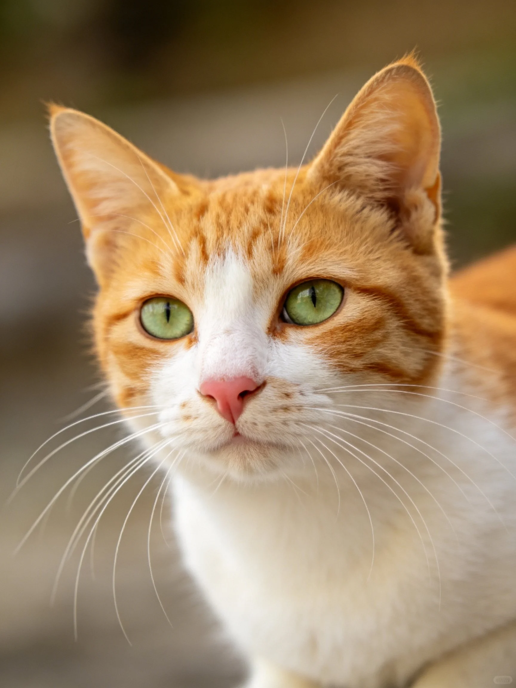 An orange and white cat with green eyes is photographed closely.