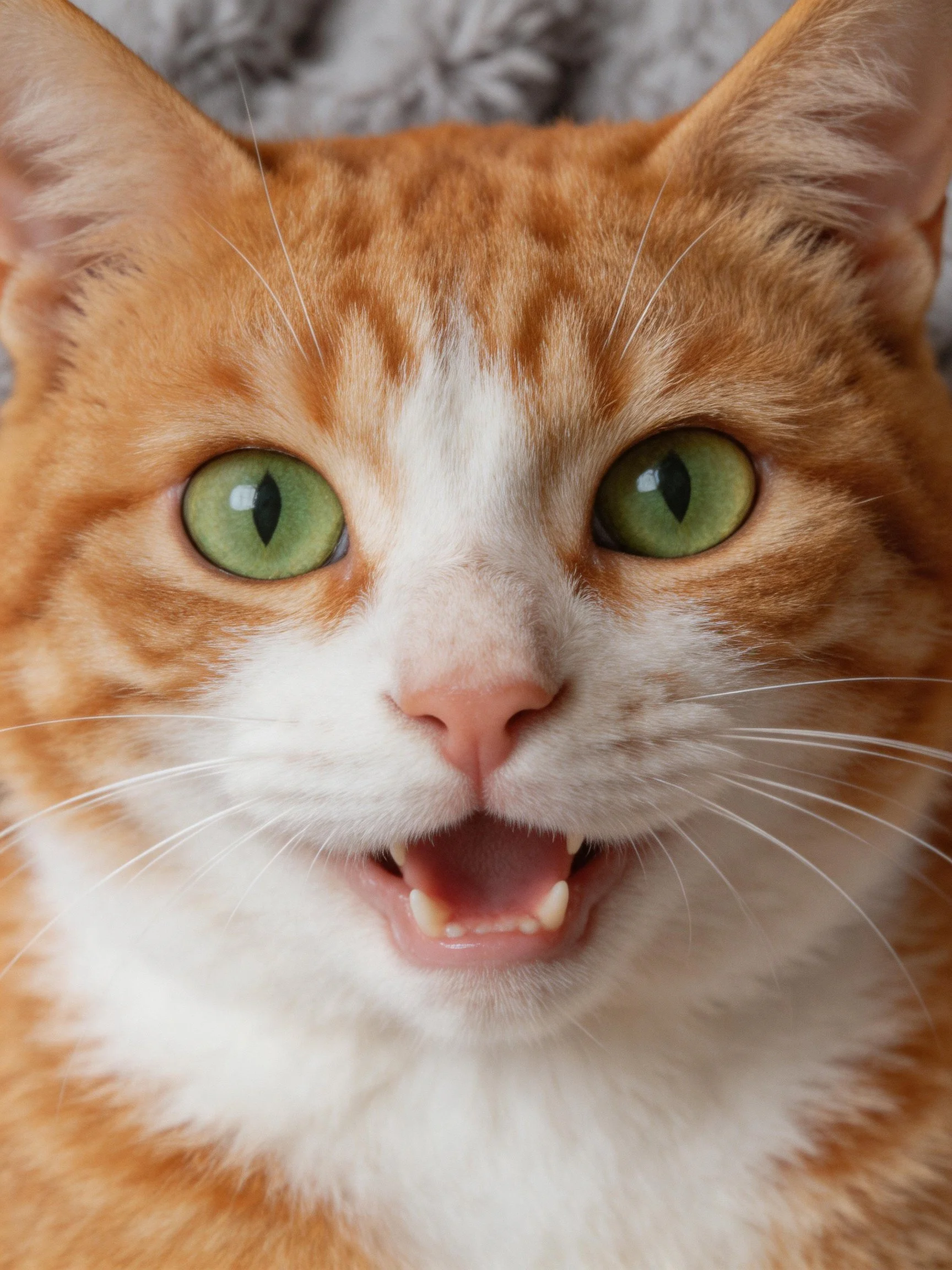 A close - up shows an orange and white cat with green eyes and an open mouth