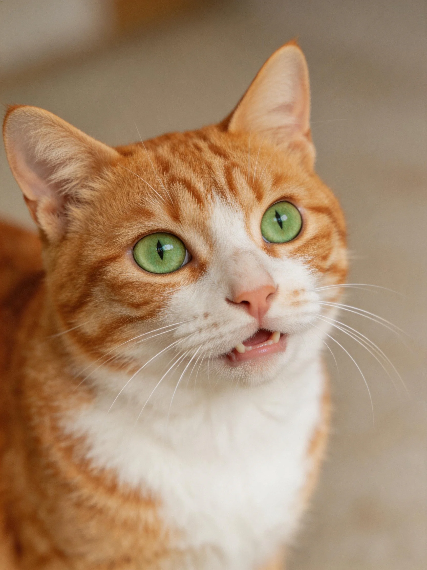 An orange and white cat with bright green eyes appears curious.