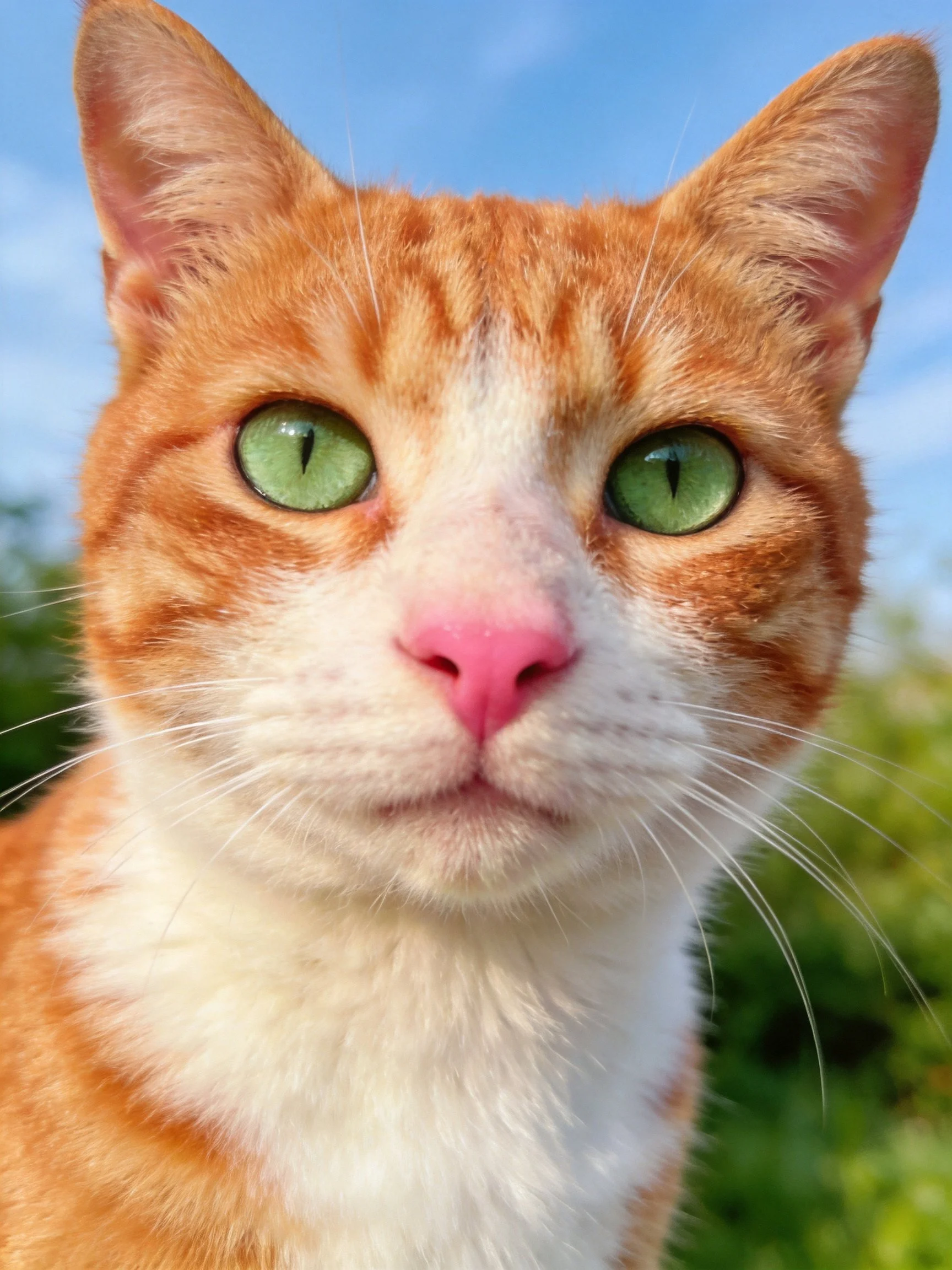 A close - up shows an orange and white cat with bright green eyes.