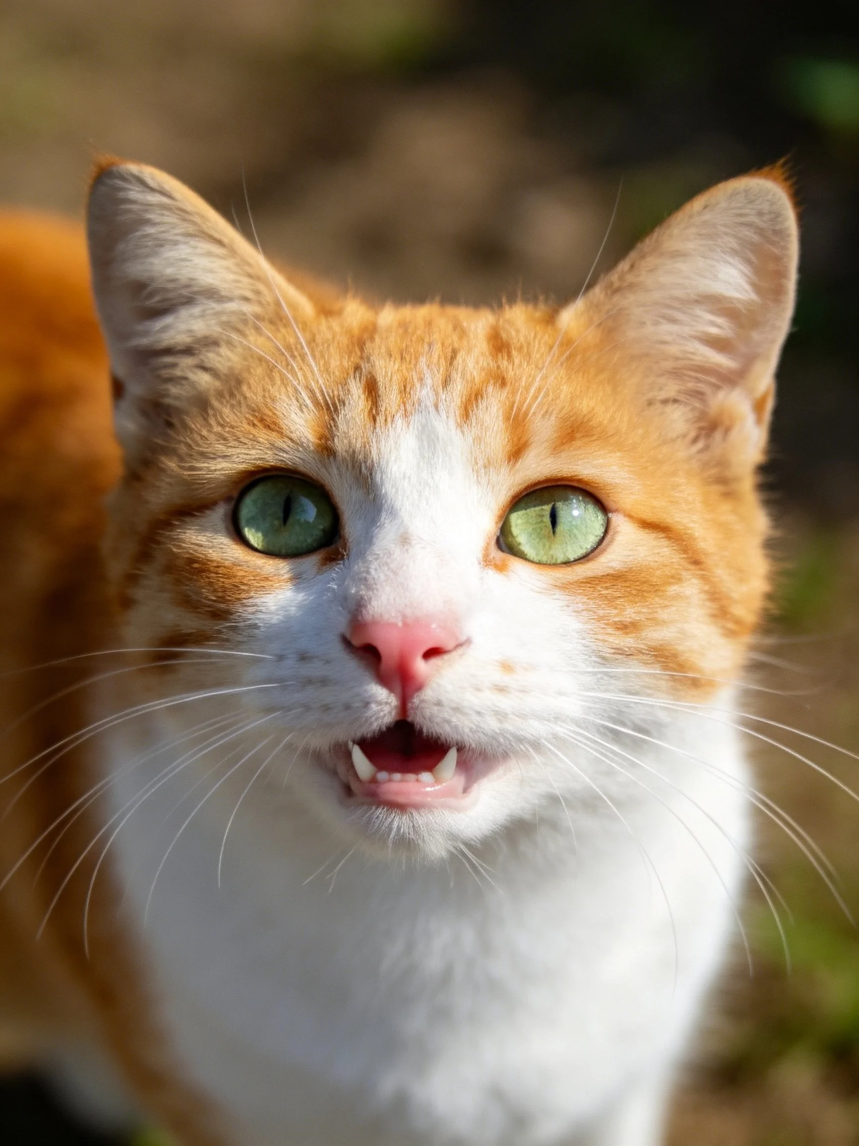 An orange and white cat with green eyes stares directly at the camera.