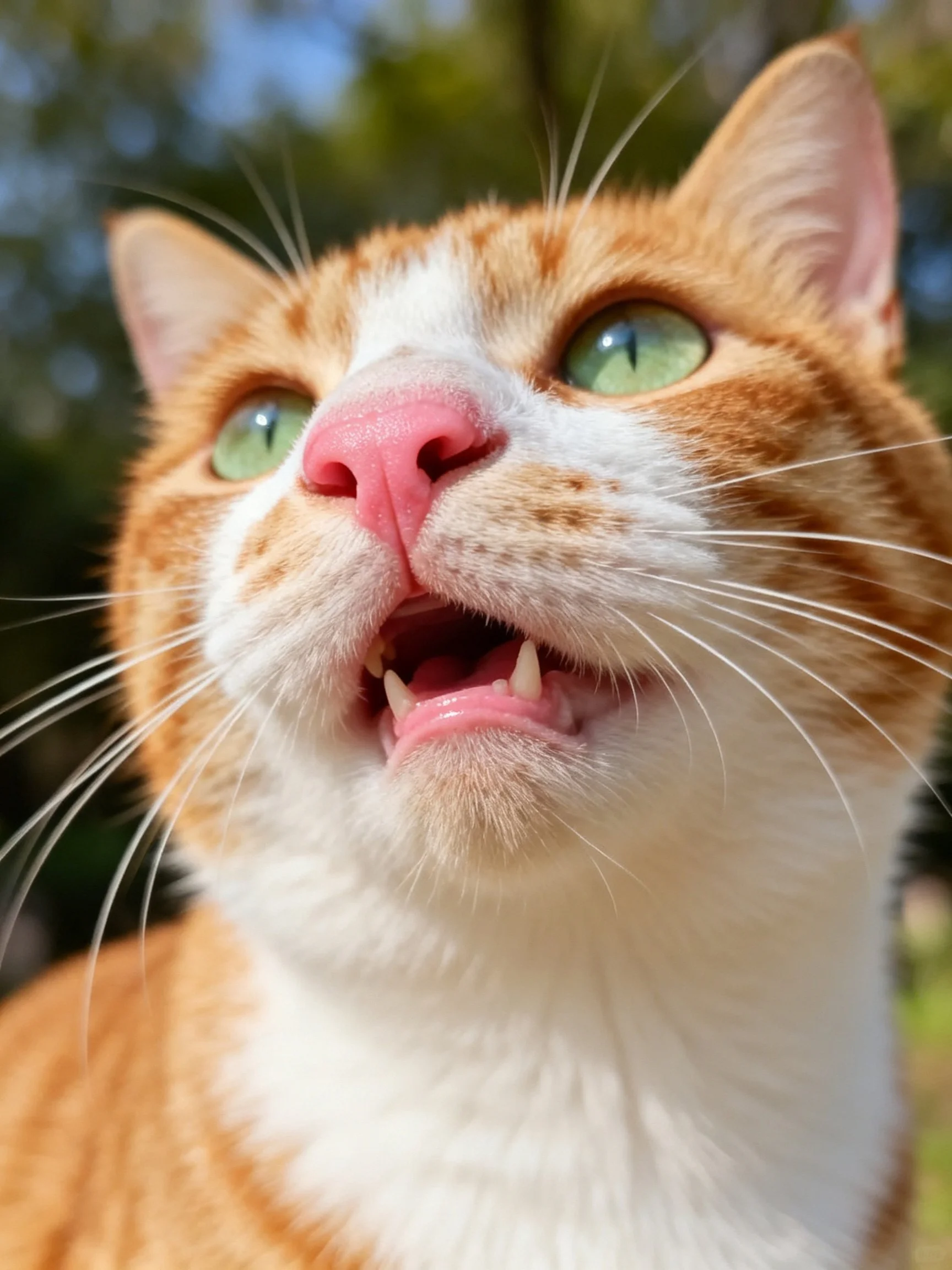 An orange and white cat with green eyes is shown in a close - up outdoors.