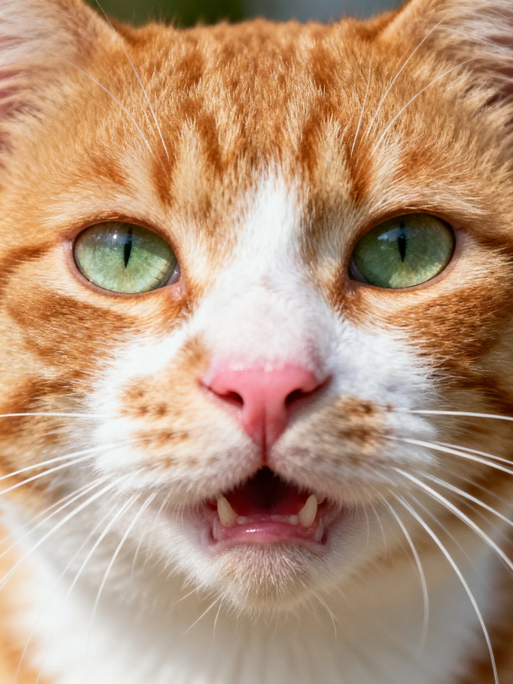 A close-up of an orange and white cat with green eyes.