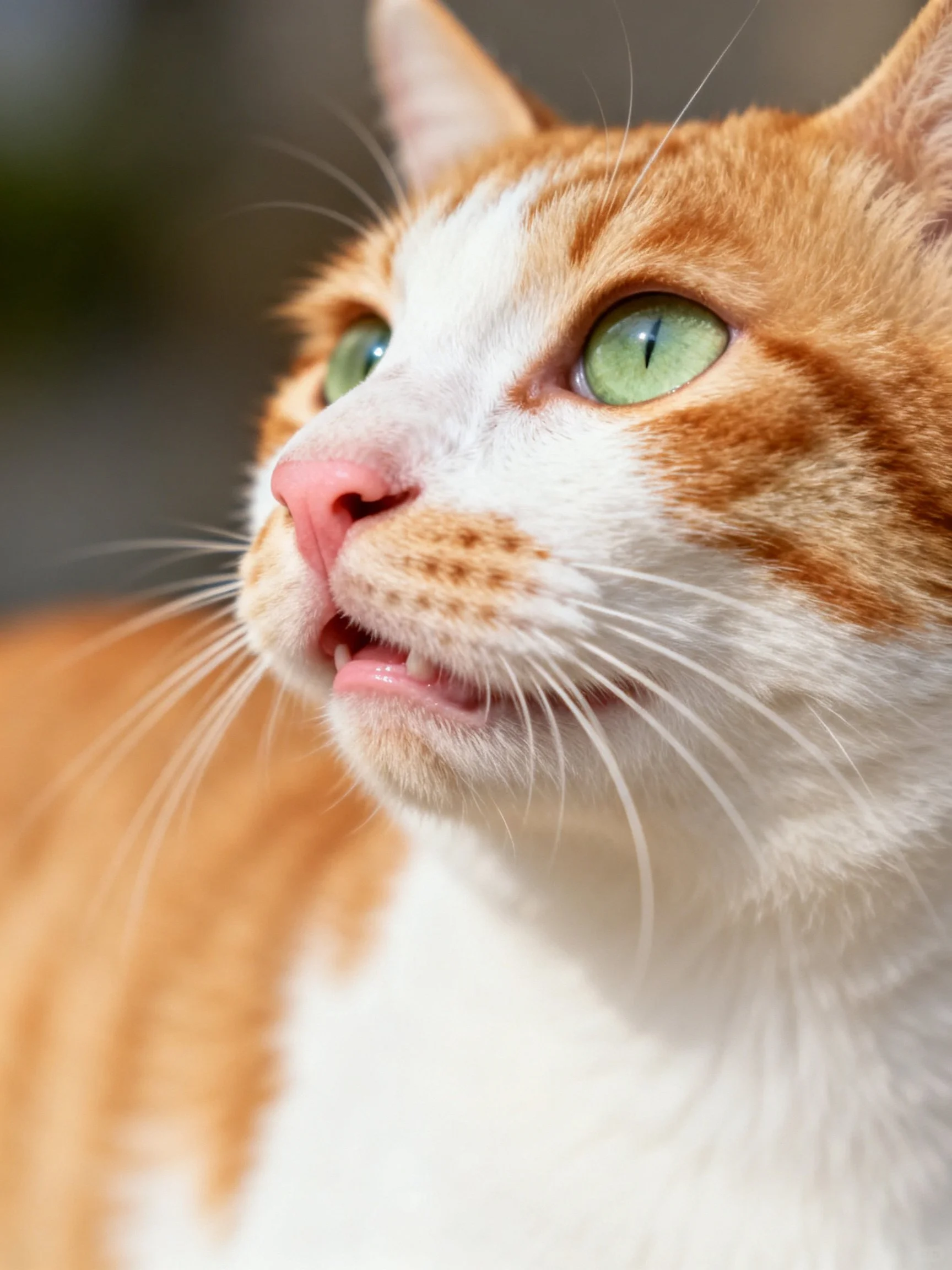 An orange and white cat with green eyes looks upward attentively.