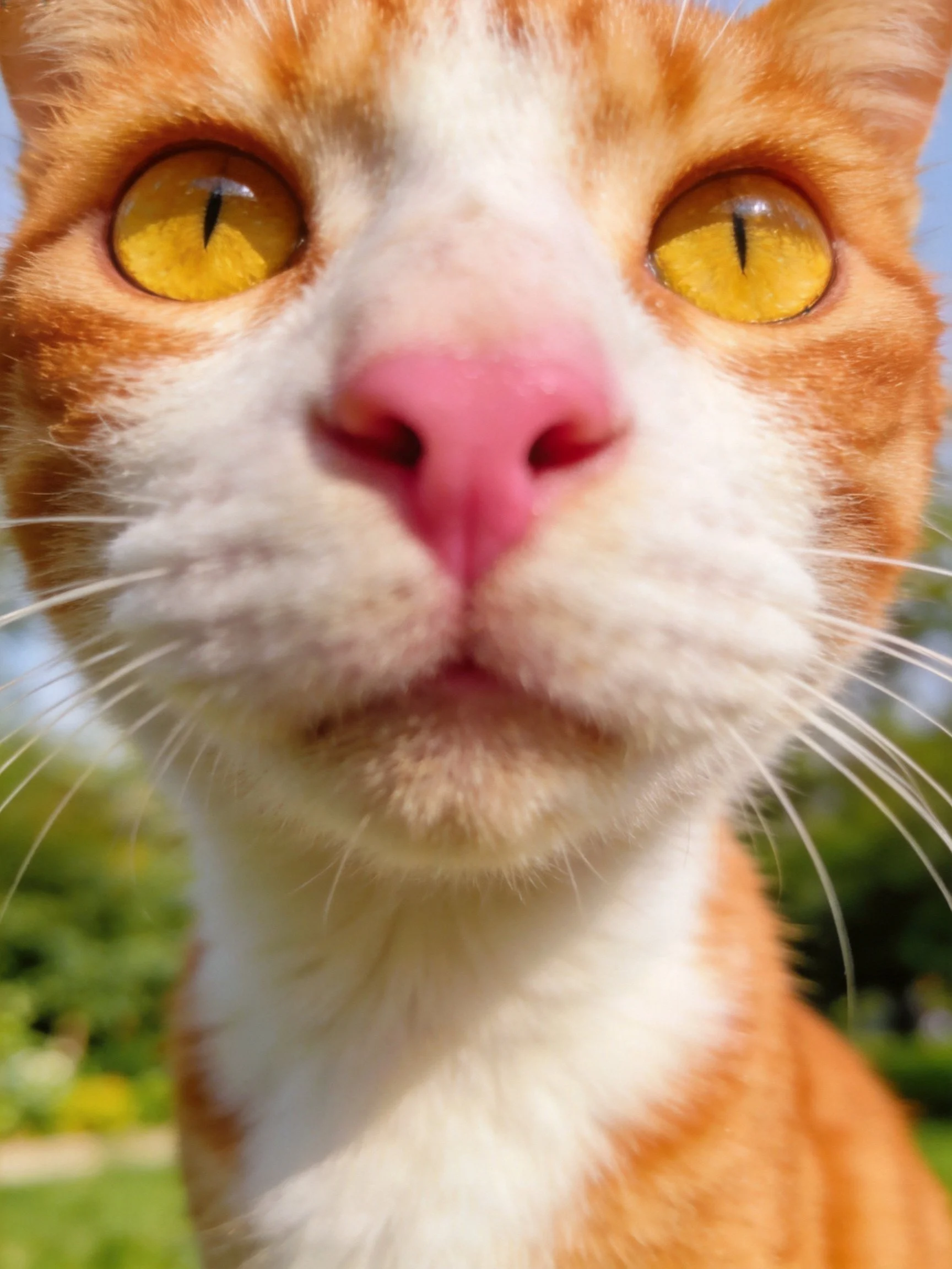 A close - up captures an orange and white cat’s face with striking yellow eyes.