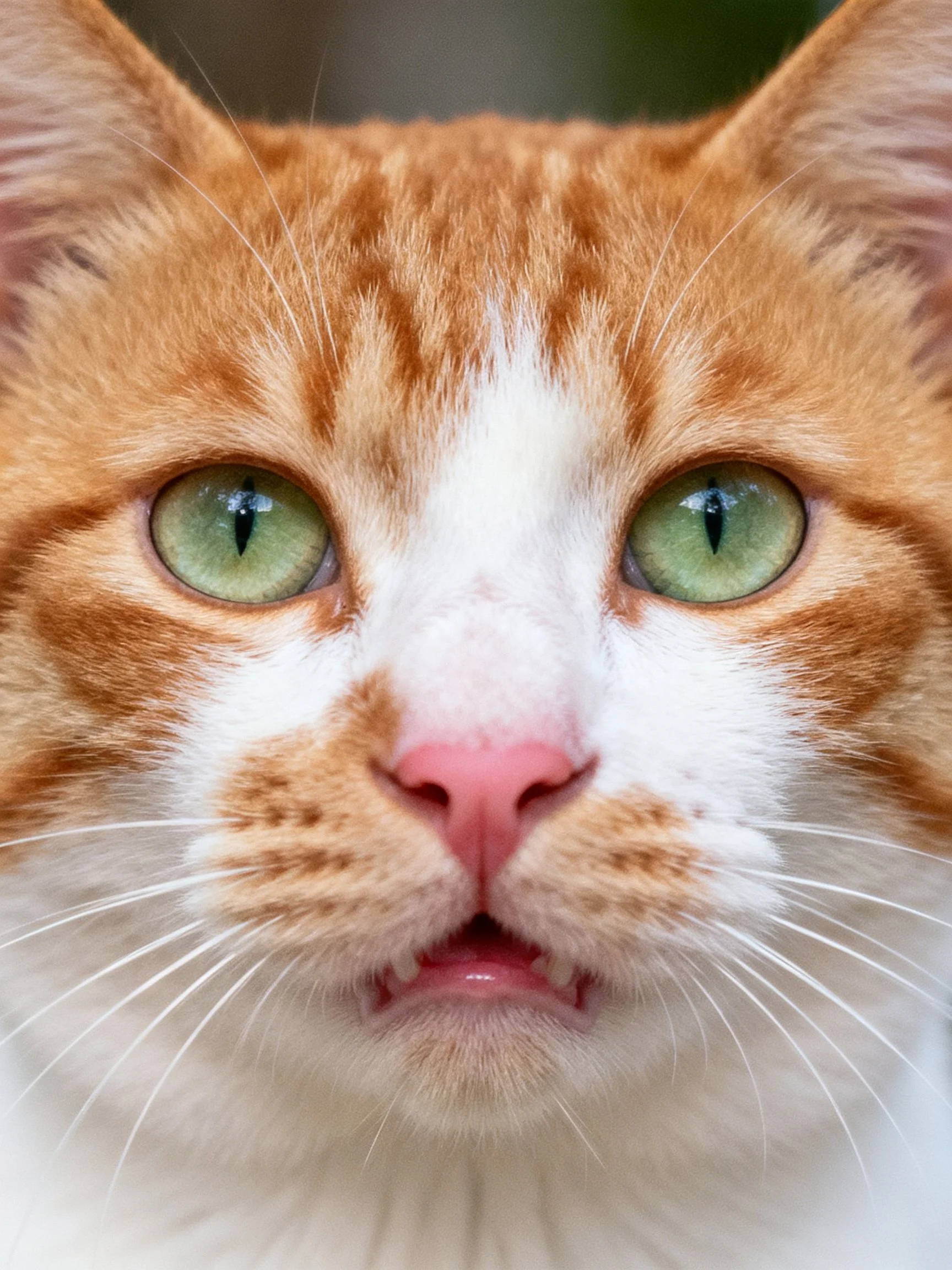 A close-up shows an orange and white cat with striking green eyes.