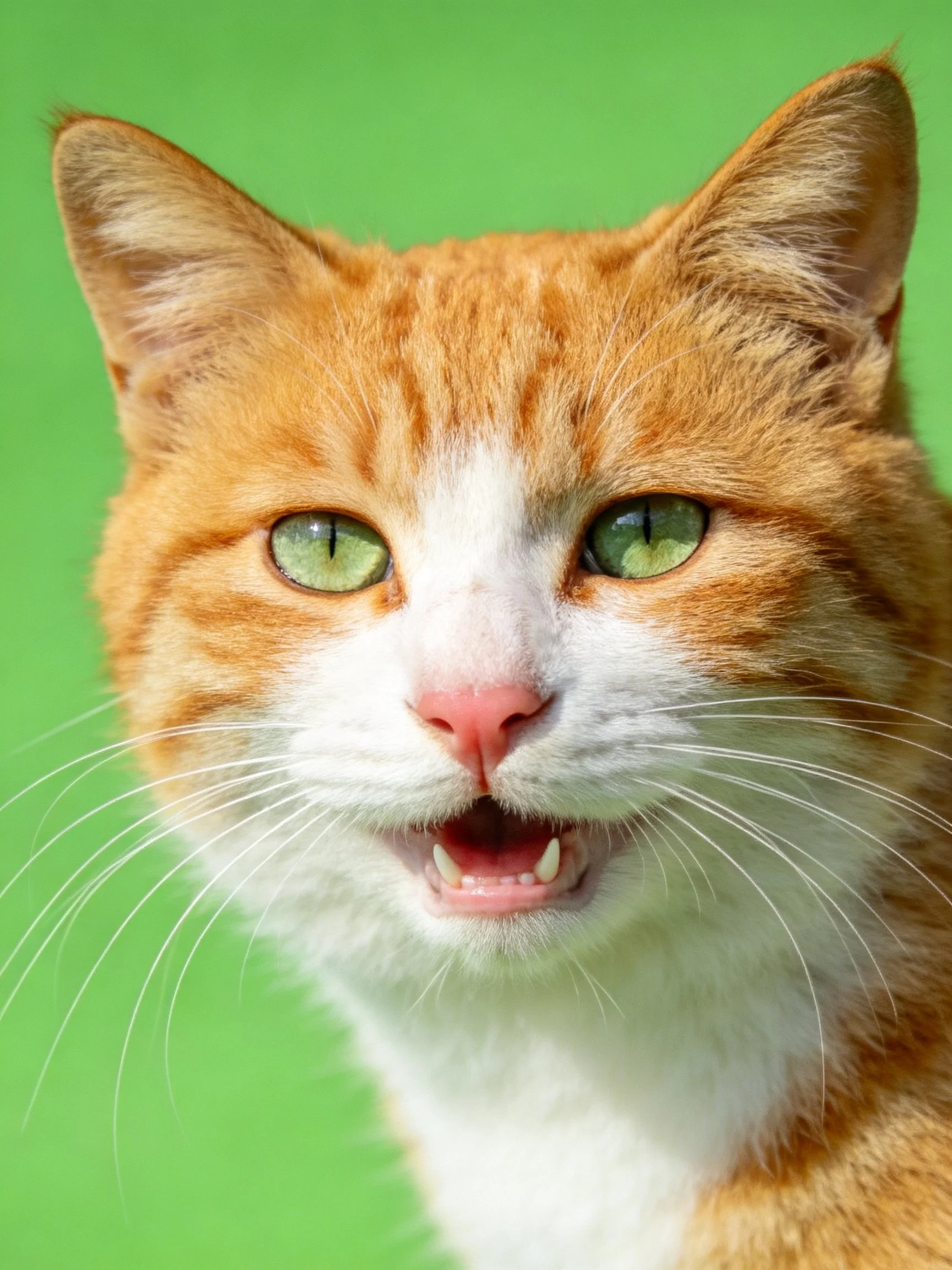 An orange and white cat with green eyes is shown up close against a solid green background.