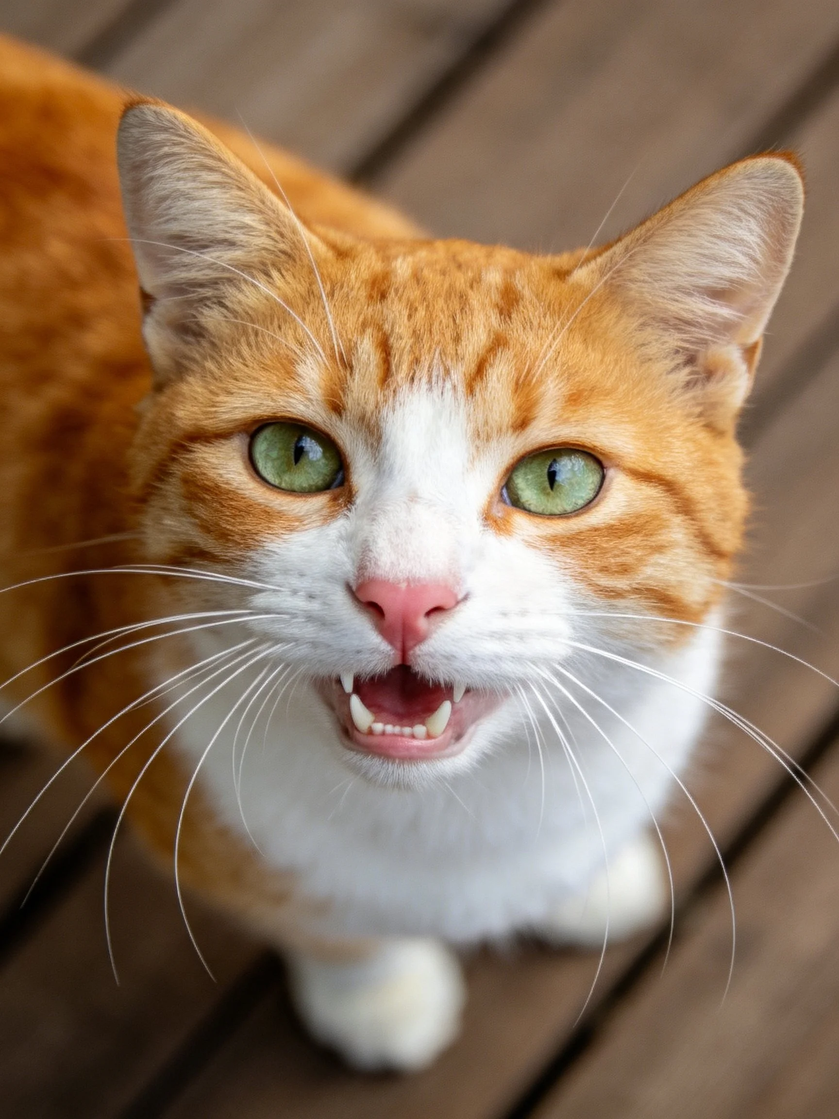 A close - up shows an orange and white cat with green eyes on wooden planks.
