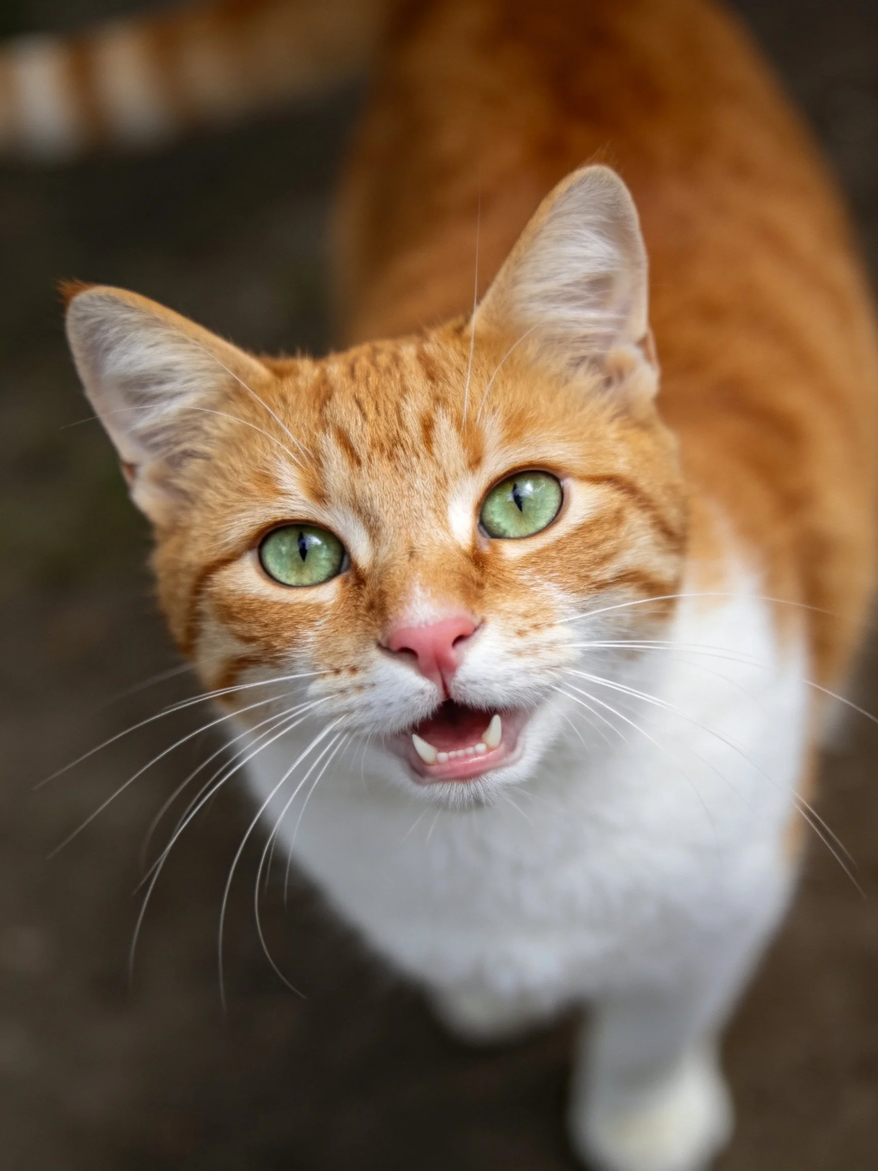 An orange and white cat with green eyes gazes upward toward the viewer.