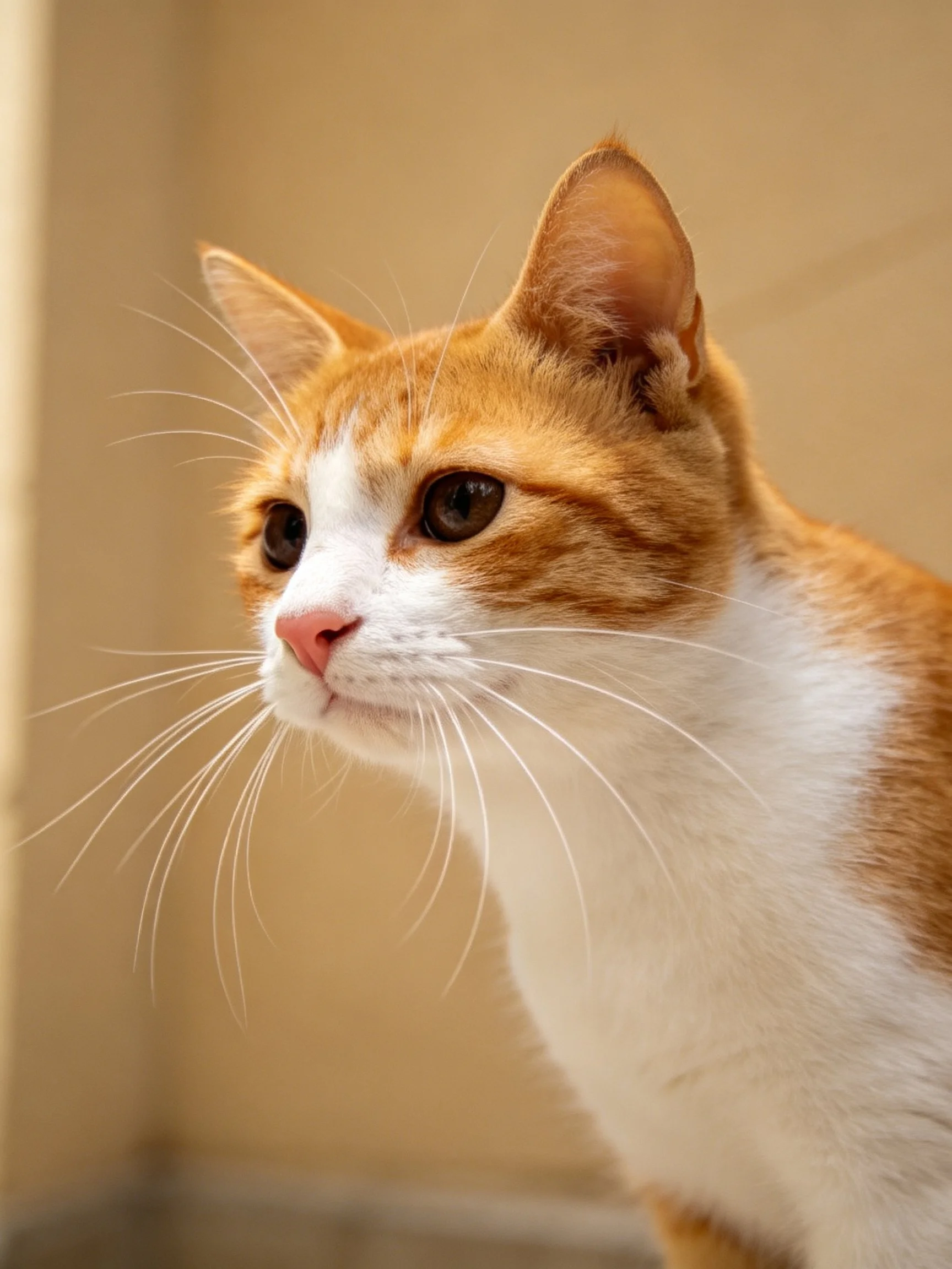 An orange and white cat gazes intently off - camera.