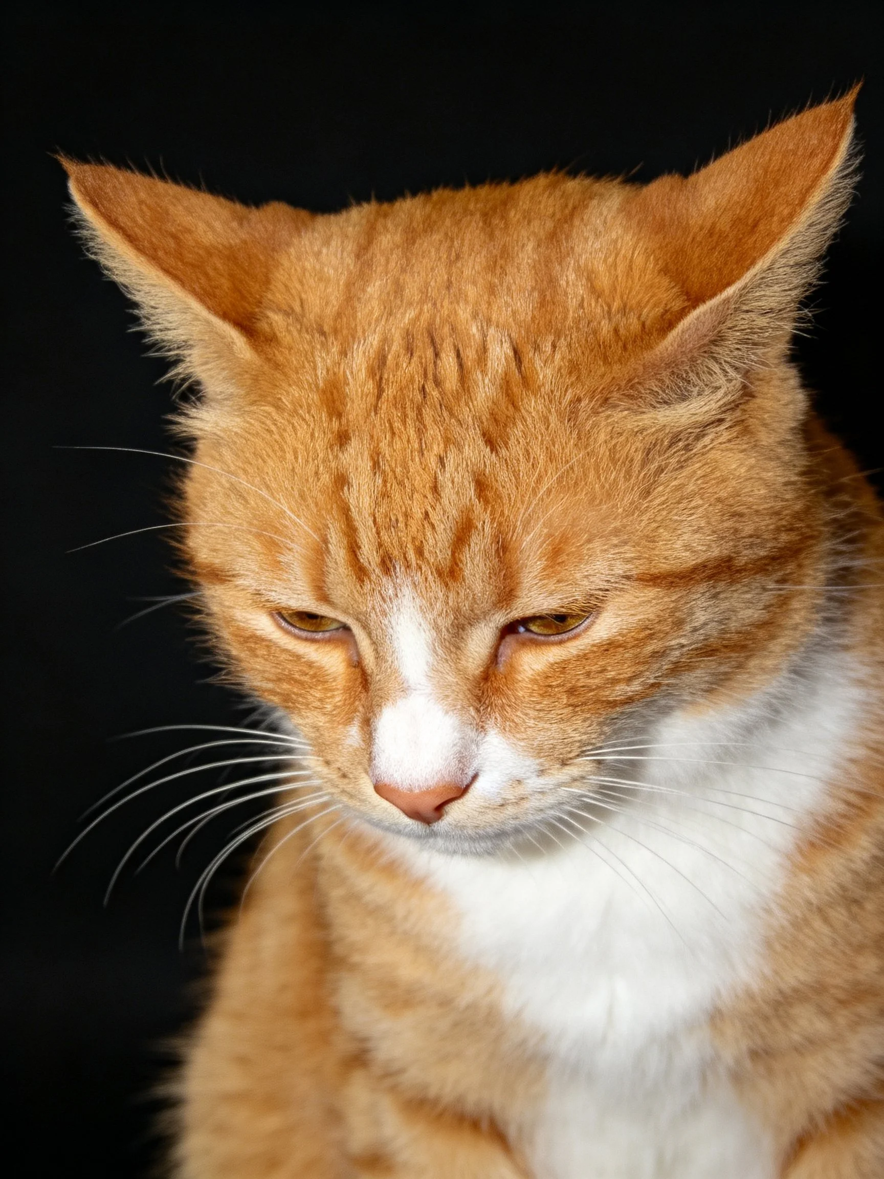A close - up of an orange and white cat with pointed ears against a dark background.