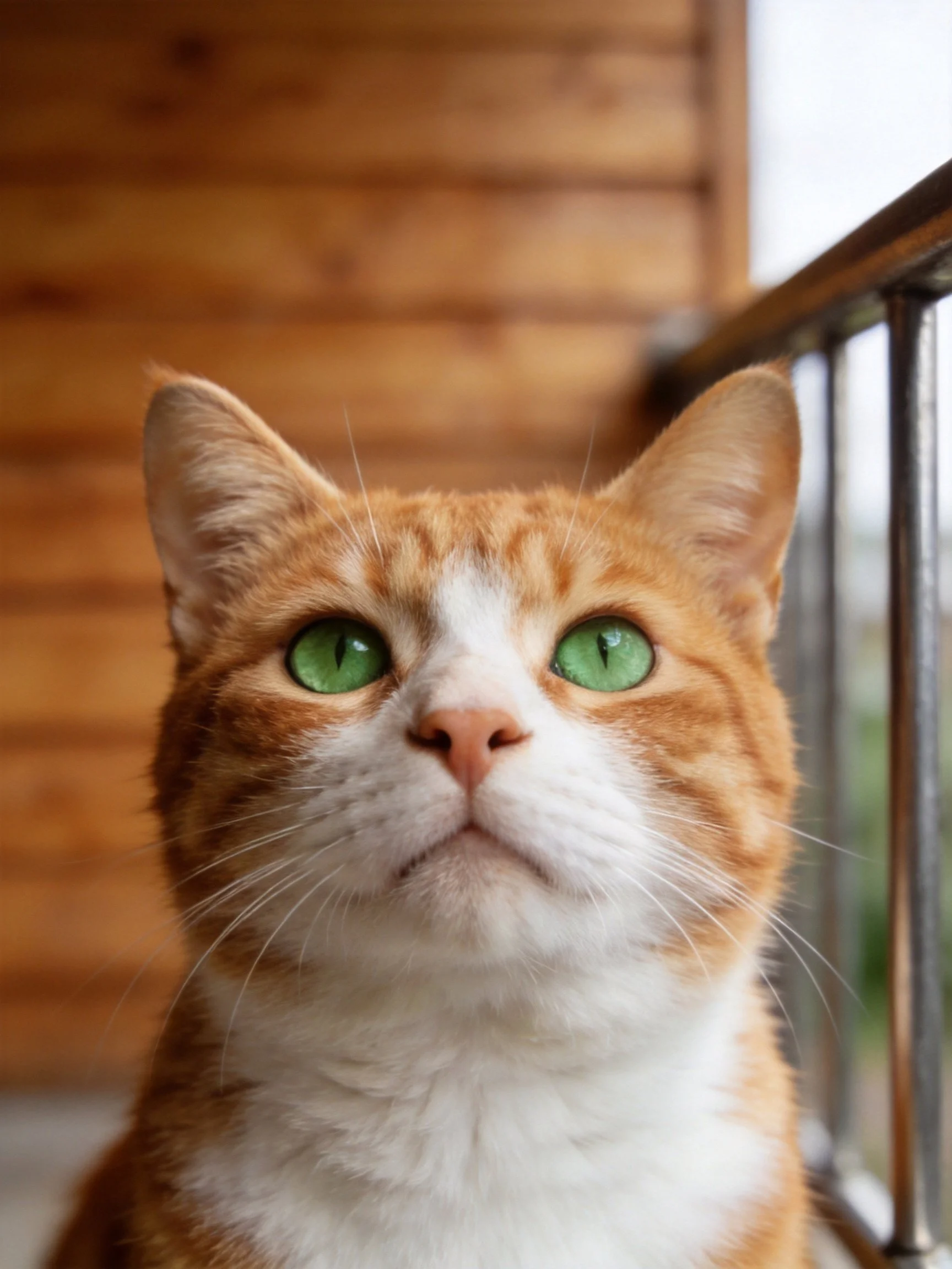 An orange and white cat with green eyes is positioned near a metal railing beside a wooden wall