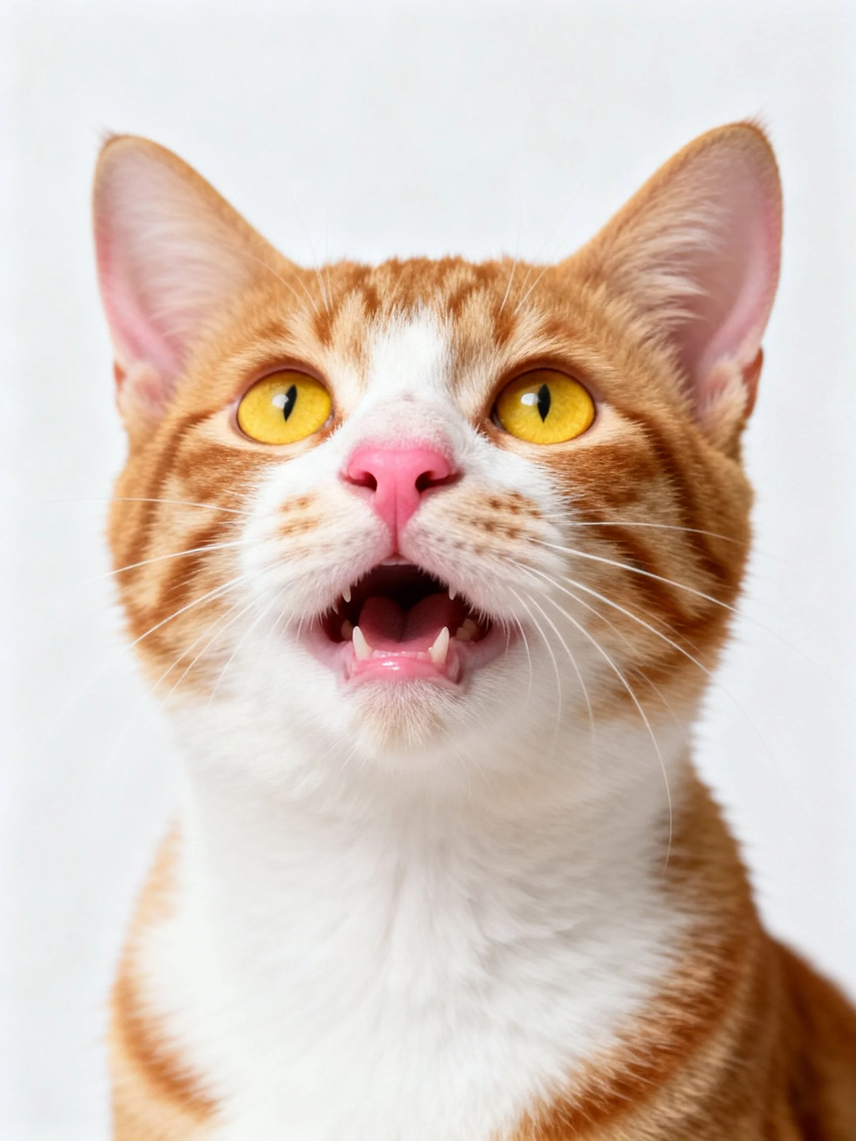 A close-up of an orange and white cat with its mouth open.