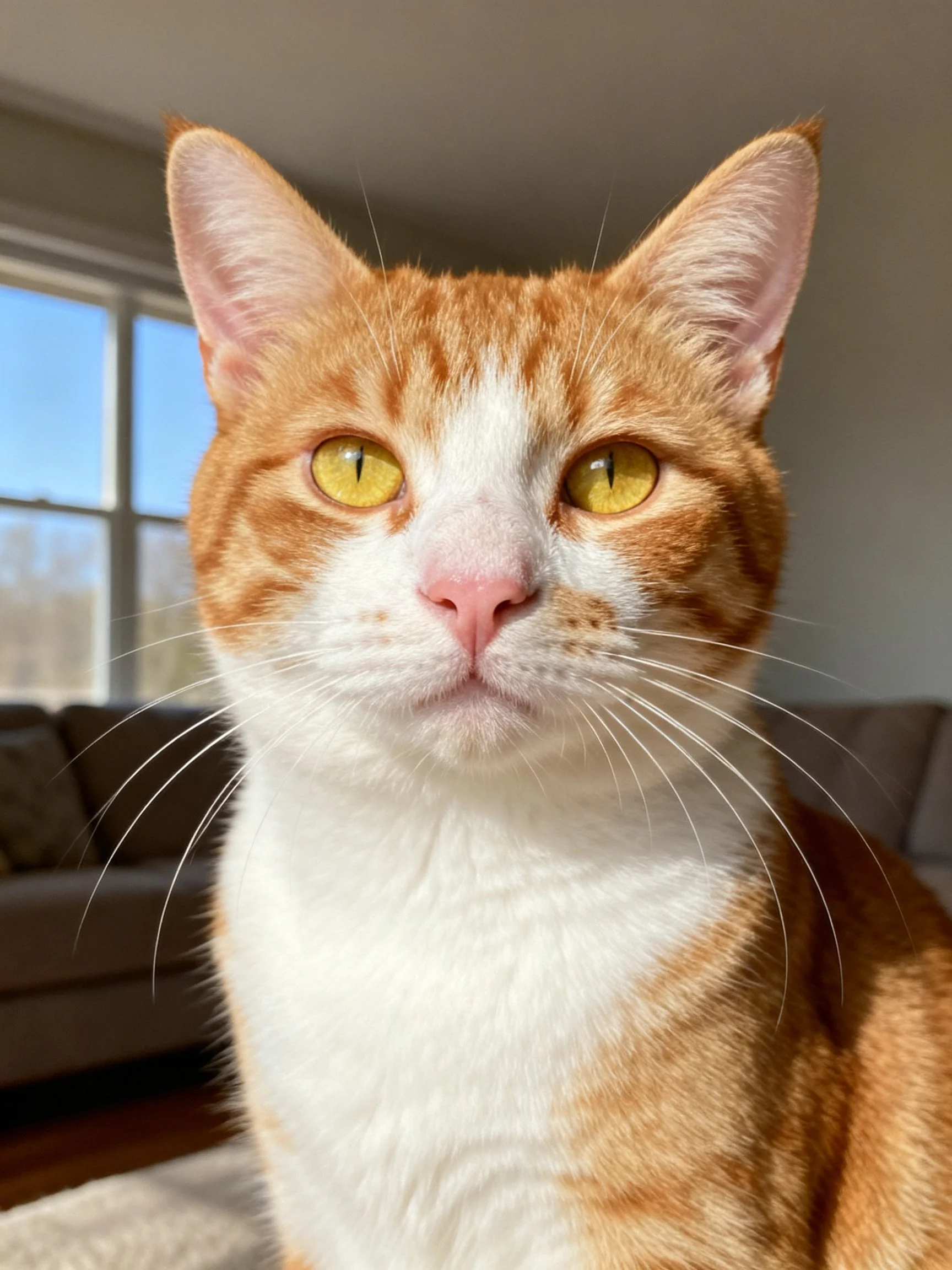 A close - up of an orange and white cat with yellow eyes in a sunlit room.