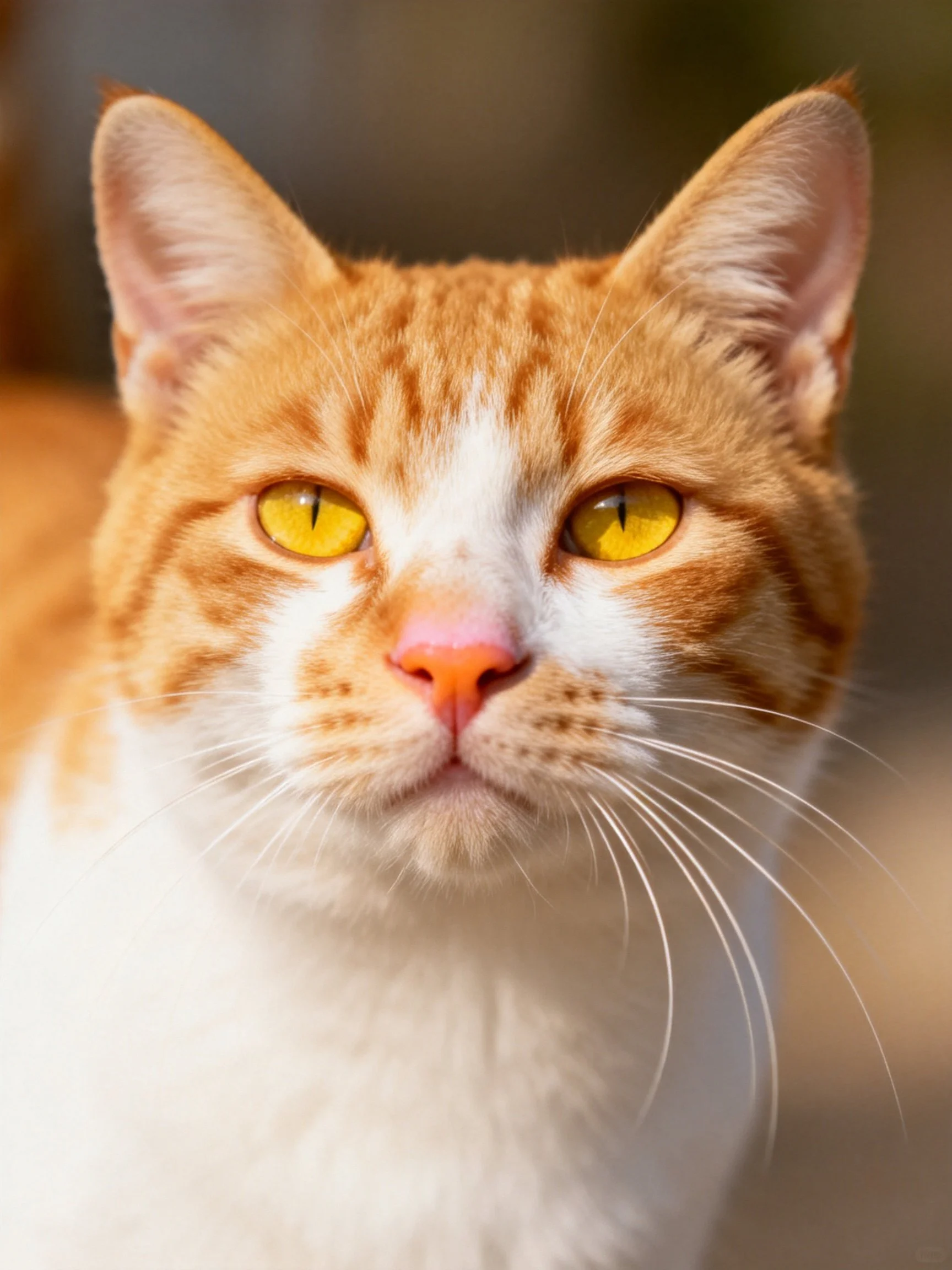 An orange and white cat with bright yellow eyes is shown in a close - up.